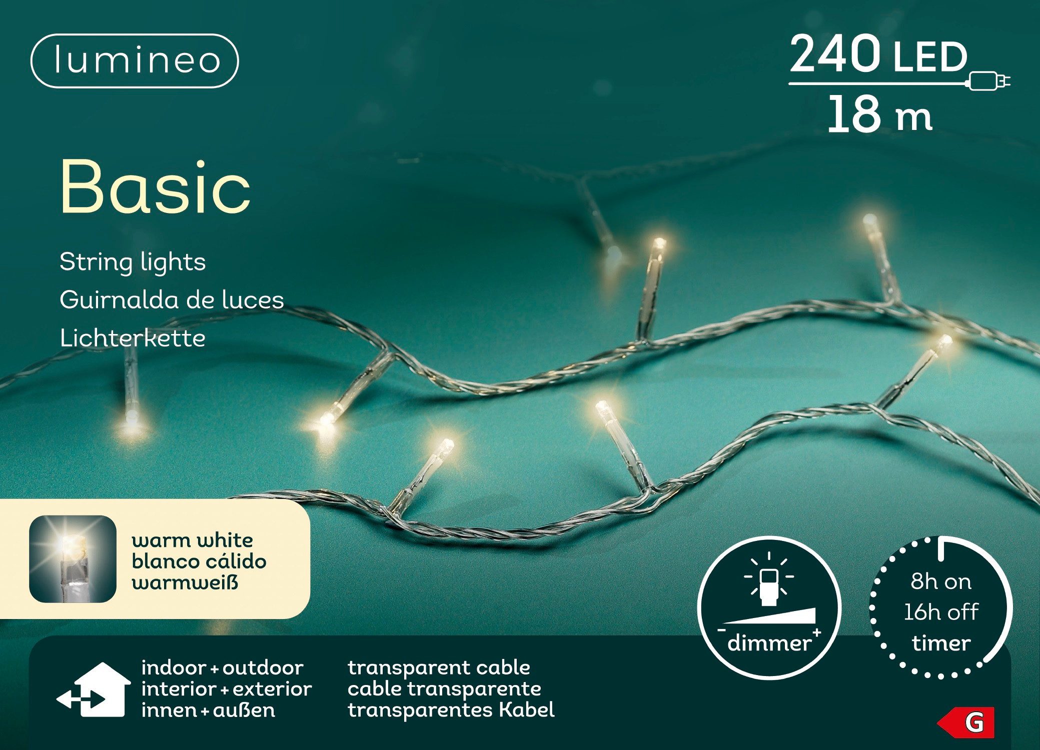 Lumineo LED-Lichterkette Lumineo Lichterkette BASIC 240 LED 18 m warm weiß, transparentes Kabel, Indoor/Outdoor, dimmbar, 8h-Timer, + 5 m Zuleitung