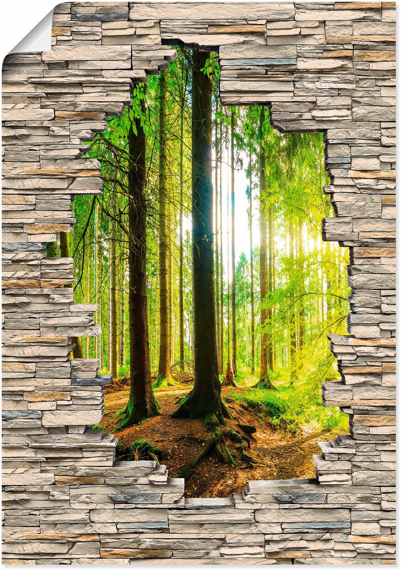 Artland Alubild, Bach Wandaufkleber Wald mit Mauer, als Poster Wandbild oder Leinwandbild, St), versch. (1 Größen Waldbilder Stein Blick in