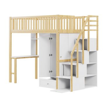 IDEASY Einzelbett Hochbett, Kinderbett, multifunktionales Kinder-Hochbett, 90 x 200 cm, (Geeignet zum Lernen und Spielen), mit Geländer, mit Kleiderschrank, Tisch, Ablagen, Leiter