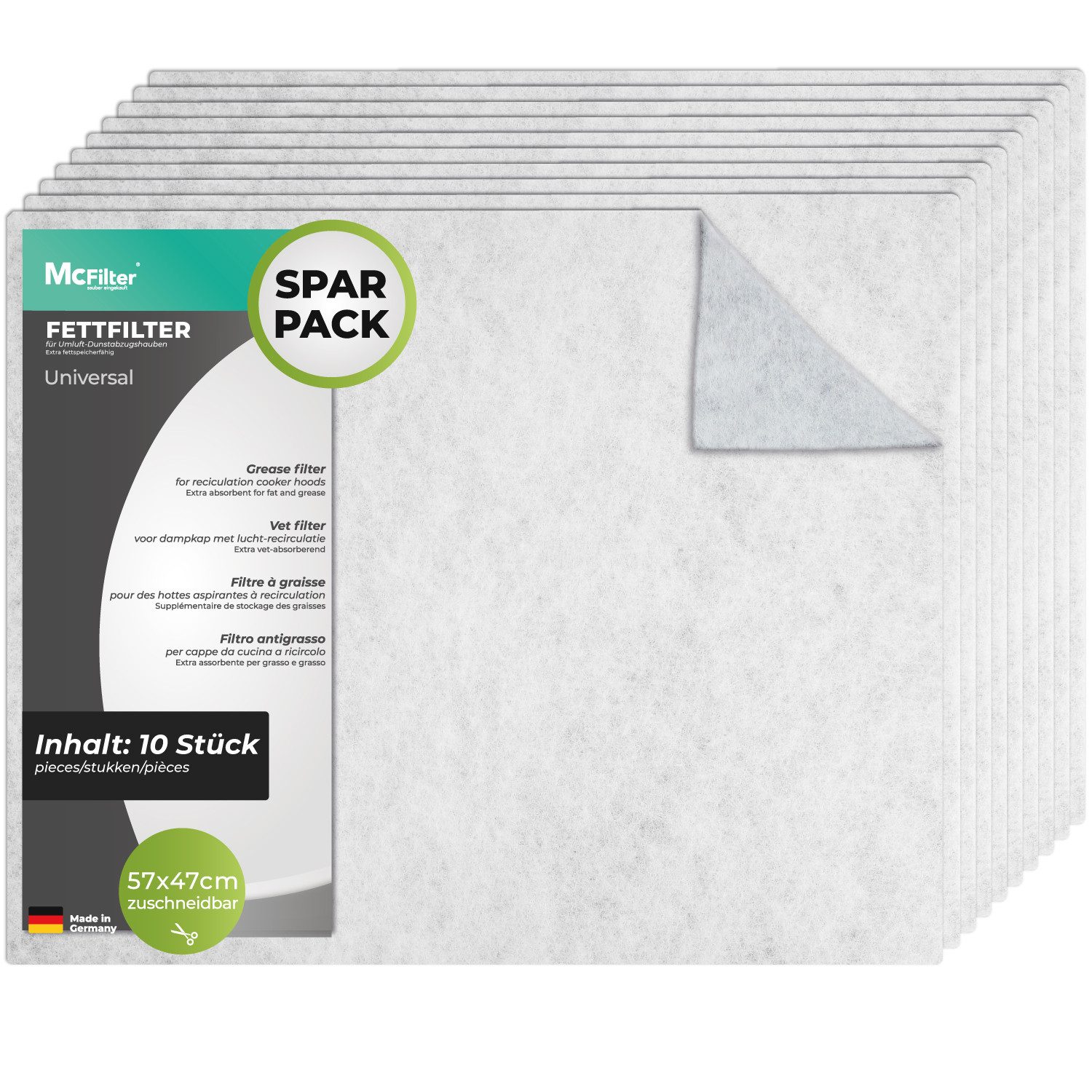 McFilter Fettfilter (10 Stück) Universal Dunstfilter Filter 57 x 47cm, Zubehör für alle handelsüblichen Dunstabzugshauben, extra speicherfähig, zuschneidbar, Schwer entflammbar nach DIN 53438