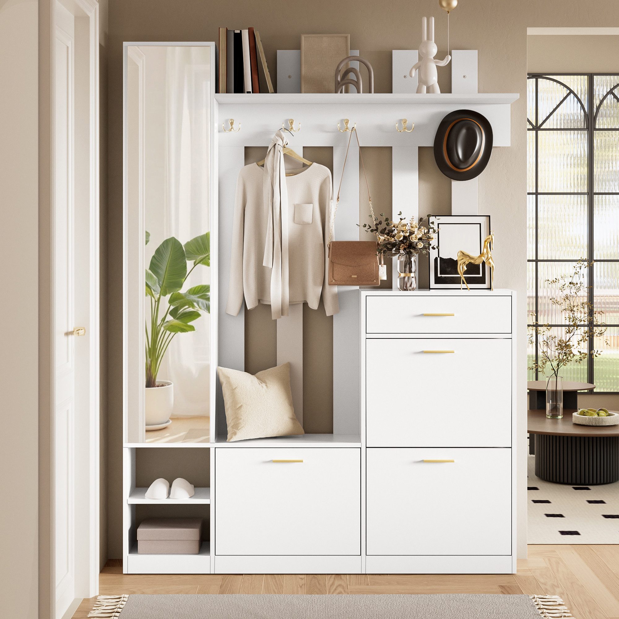 Merax Garderoben-Set Garderobenset, Wandgarderobe mit Haken, Spiegelschrank, (1-St., Schuhkipper mit 3 Klappen, Sitzbank und Schublade), Garderobenständer, Flur Möbel