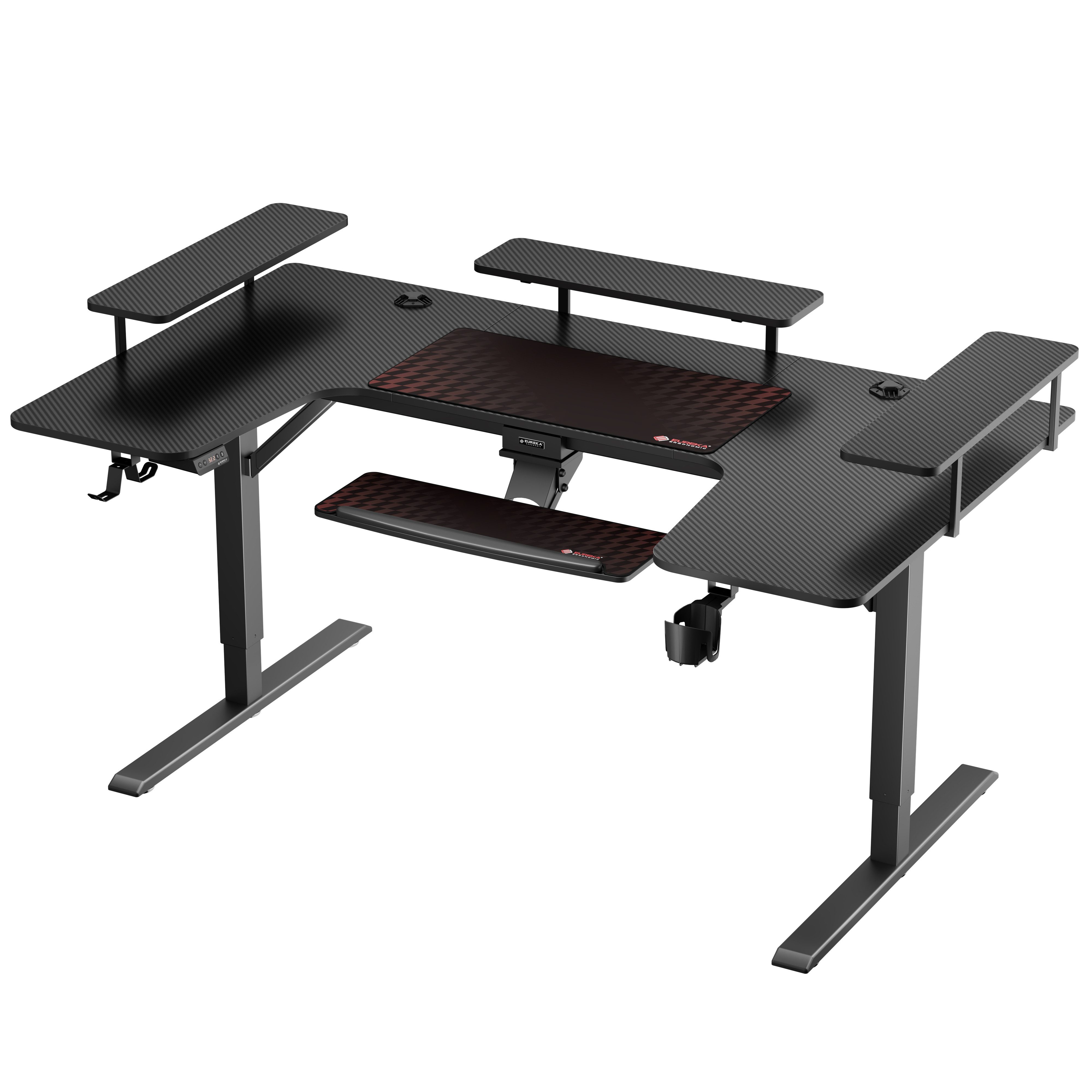 EE EUREKA ERGONOMIC Stehpult Höhenverstellbarer Schreibtisch Elektrisch Gaming mit Tastaturablage, U-förmiger Eckschreibtisch Computertisch mit 3 LED Monitorständern