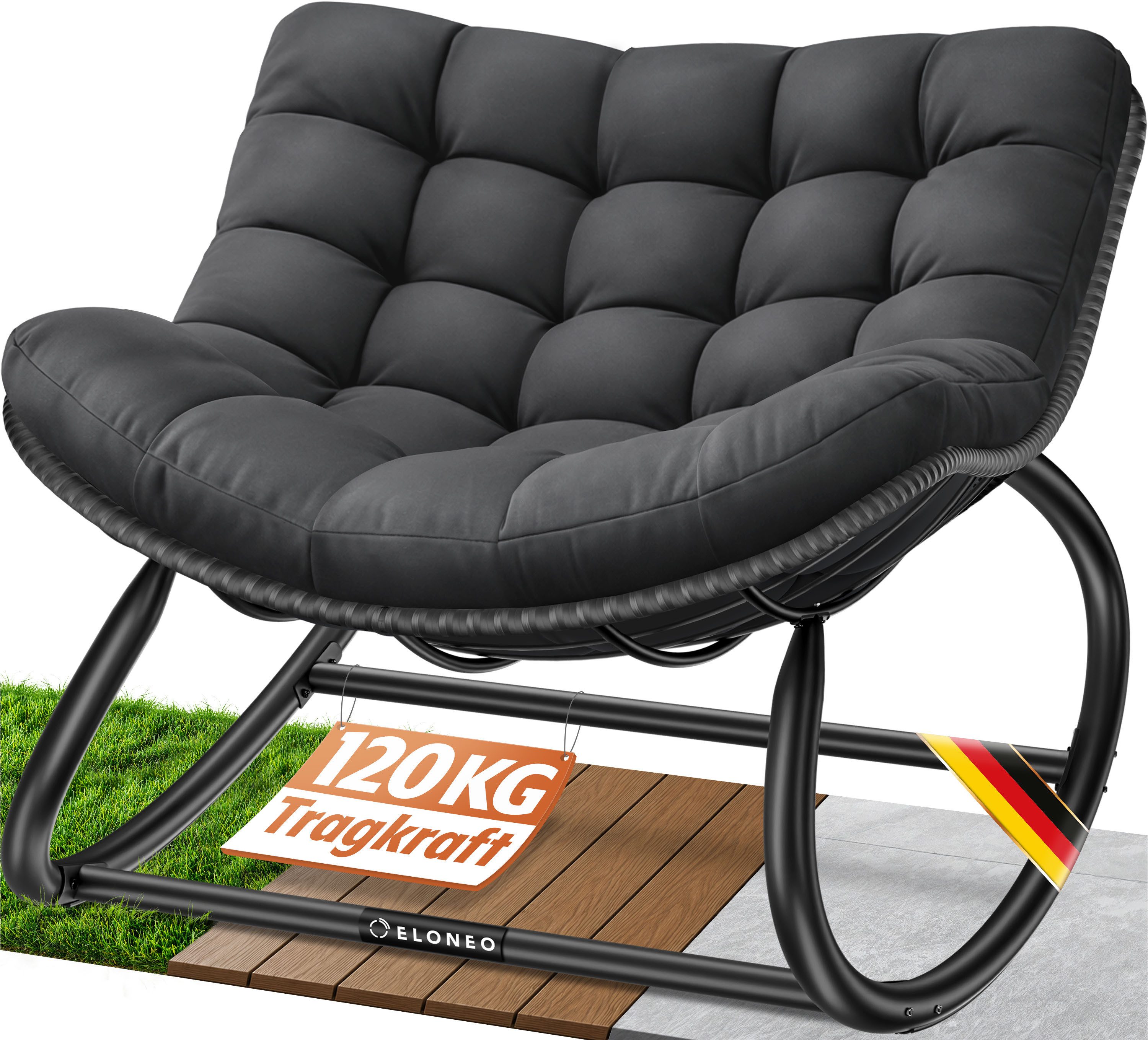ELONEO Schaukelstuhl – Relax Schaukelsessel für Garten & Balkon (kippsicher, max. Belastung 120kg, witterungsbeständig), ergonomischer Loungesessel / Relaxsessel für Garten & Wohnzimmer