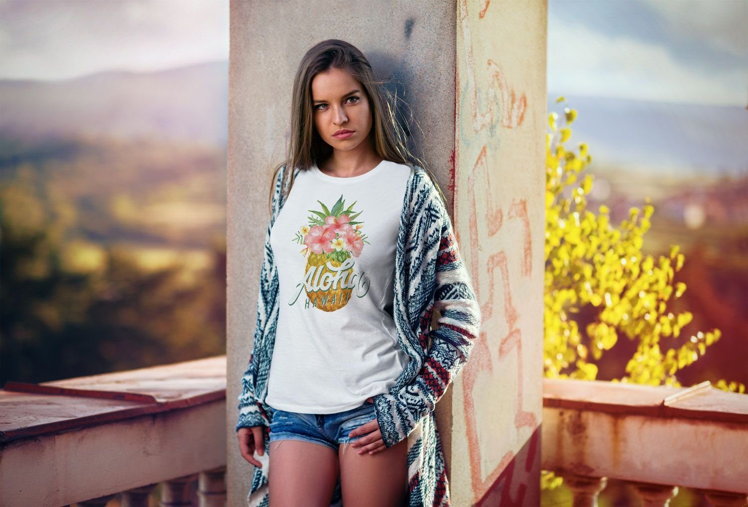 T-Shirt Blumen Neverless® Aloha Summer Print-Shirt mit Print Paradise Jungle Ananas Pineapple Fit Tropical Hummingbird tailliert Hawaii Neverless Damen Baumwolle Slim