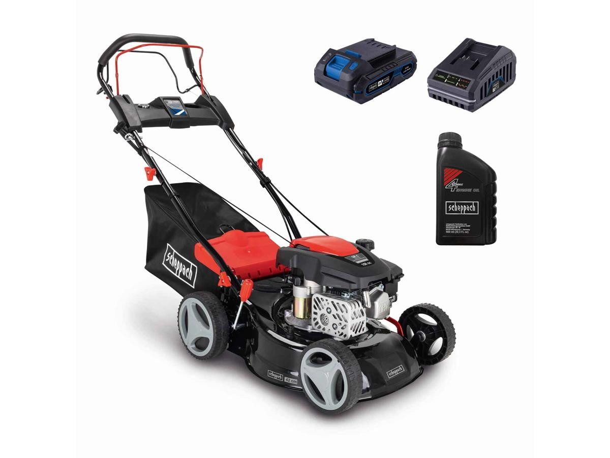 Scheppach Benzinrasenmäher RM420AE, 42 cm Schnittbreite, (Set), 150 cm³, 3,5 PS Motorleistung, inkl. Akku u. Ladegerät + 0,6 L Motoröl