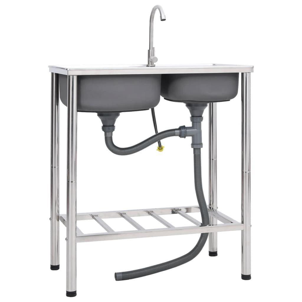 vidaXL Granitspüle Camping-Spüle mit Doppelbecken und Wasserhahn Edelstahl, 42/76 cm