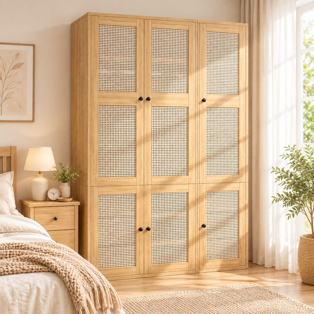 Flieks Kleiderschrank Schrank Rattan-Geflecht 135x47x200cm mit 2 Kleiderstange, 6 Schubladen