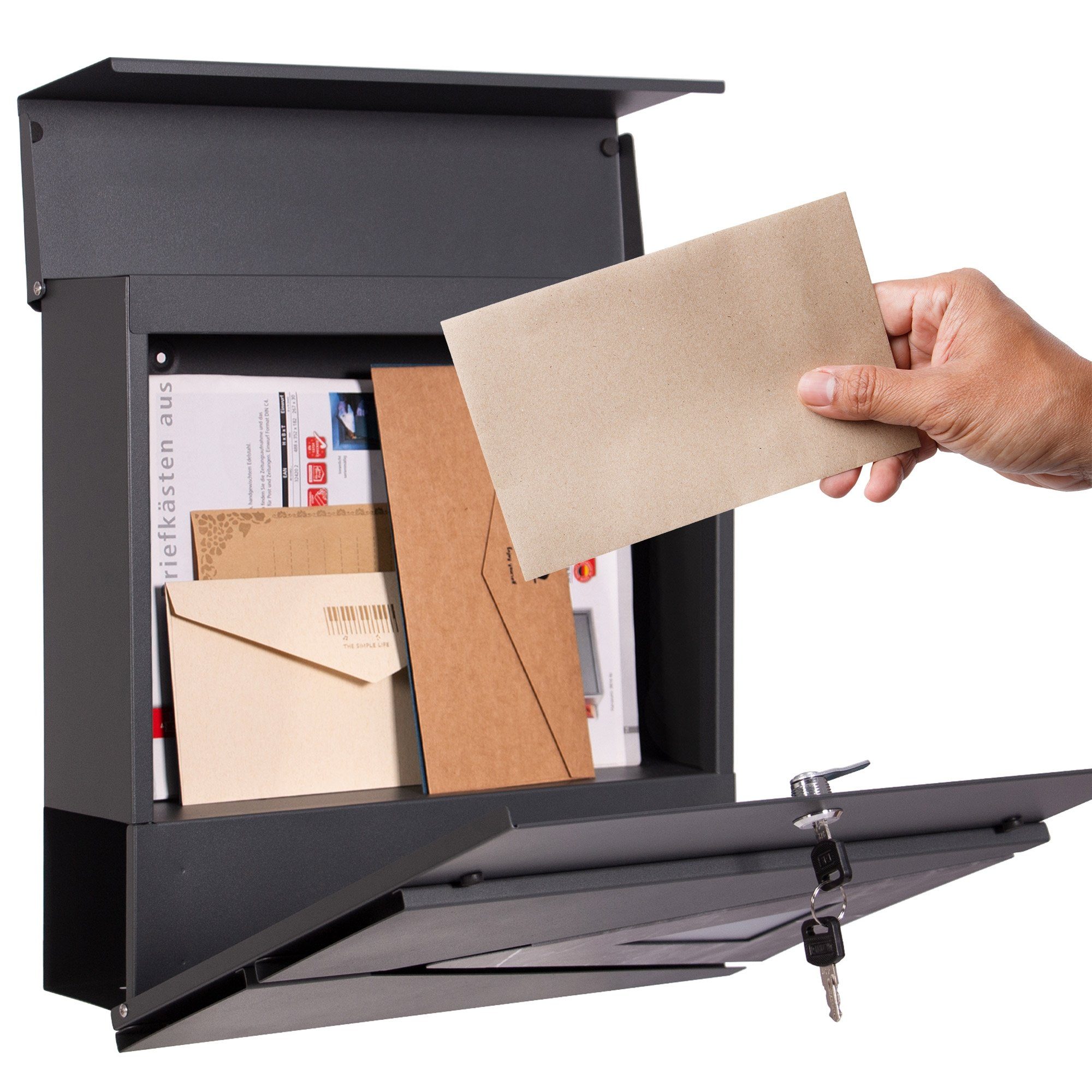 Zeitungsfach 2 Mailbox, Stahl ML-DESIGN Designwandbriefkasten 37x36,5x11cm Anthrazit/Schwarz-Marmoroptik Schloss Schlüssel Briefkasten mit Postkasten