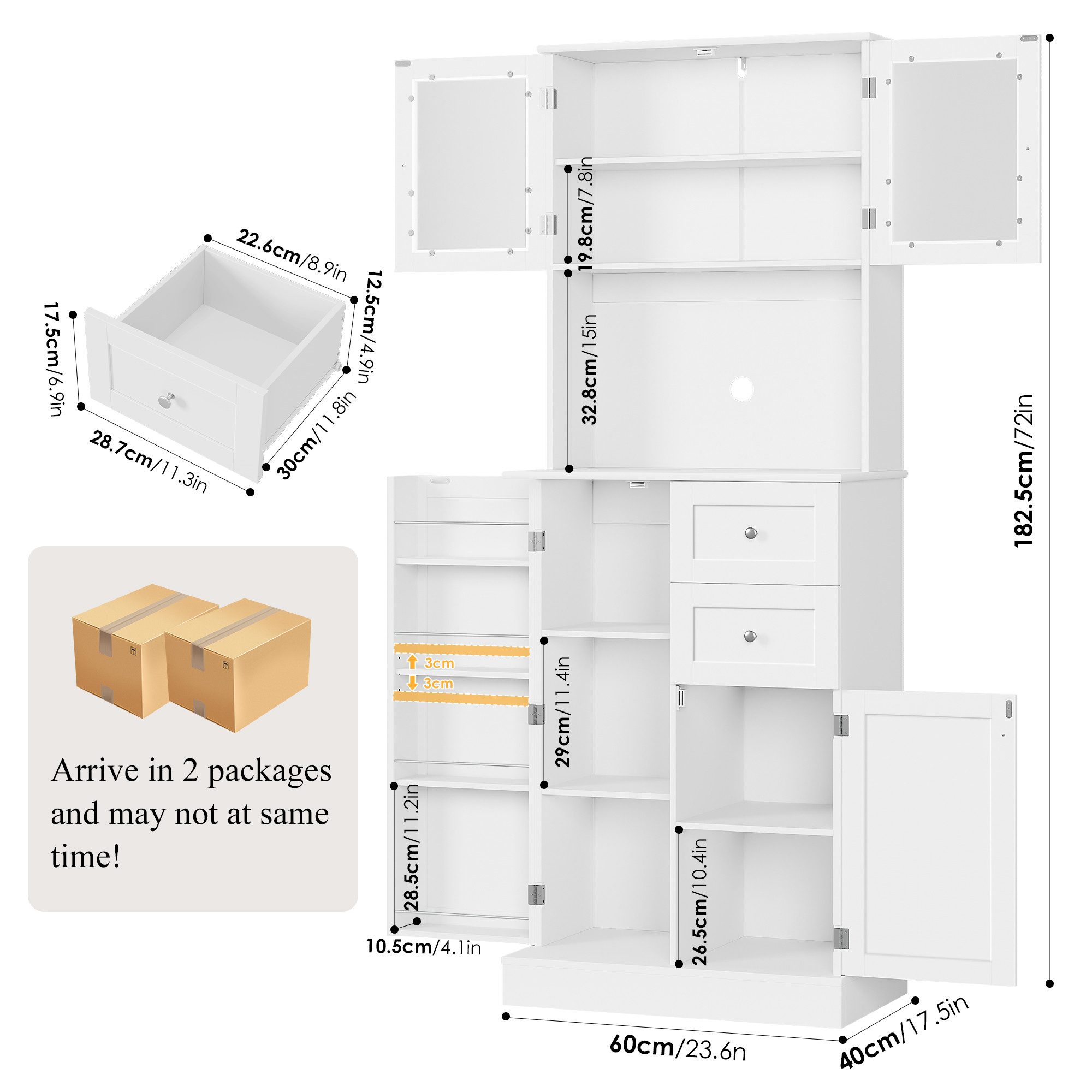 HOMECHO Küchenbuffet 182.5cm Küchenschrank mit 4 Türen und 2 SchubladenWeiß günstig online kaufen