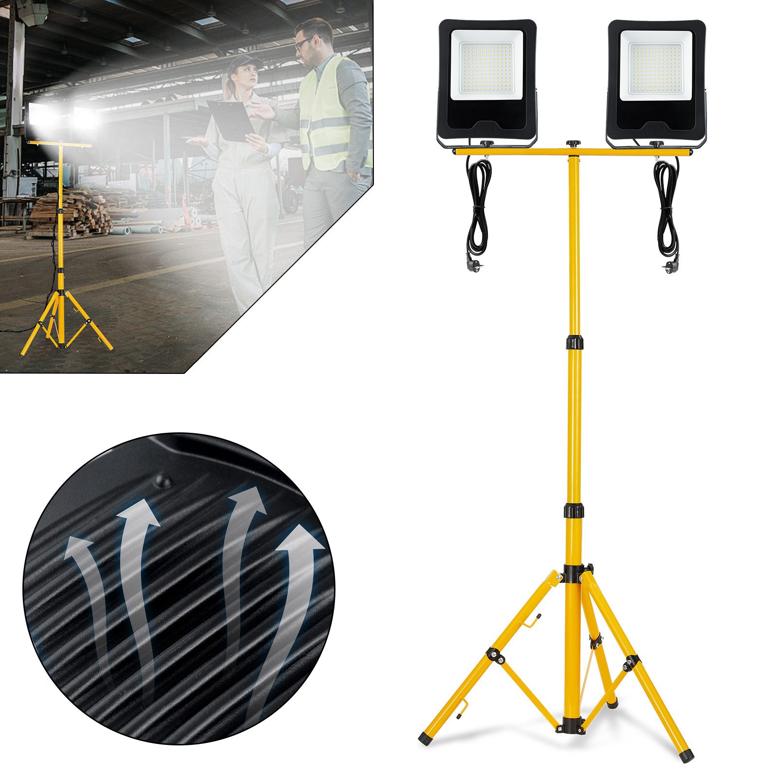 FIVMEN LED Flutlichtstrahler LED Baustrahler 2x100W LED Fluter Strahler mit Stativ und 3M Kabel, für Innen-und Außenbereich, Garage, Baustelle, Sportplatz