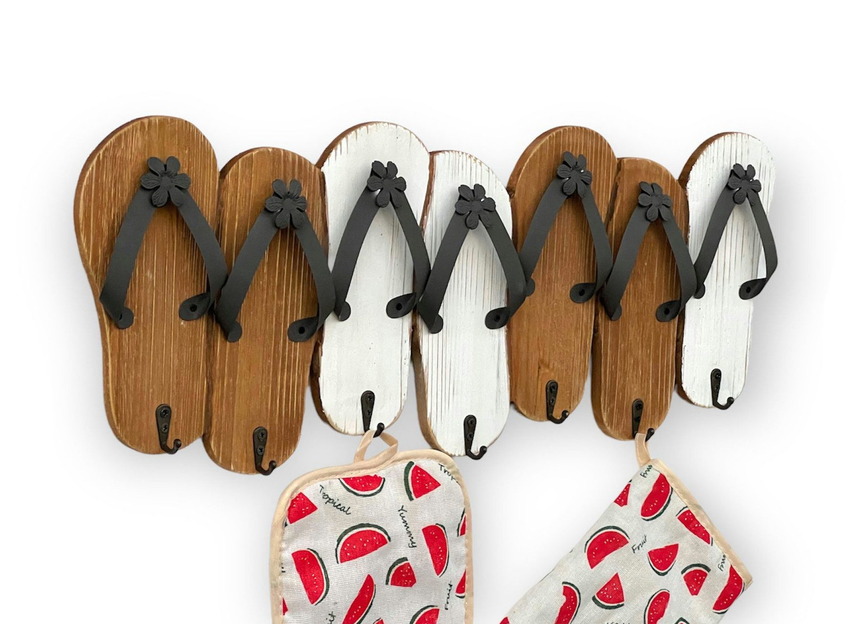 DanDiBo Hakenleiste Sandalen MR91 Garderobenleiste Holz Metall Weiß Handtuchhalter 60 cm, mit 7 Halterungen Garderobenhaken Garderobe Wand Handtuchhaken Vintage