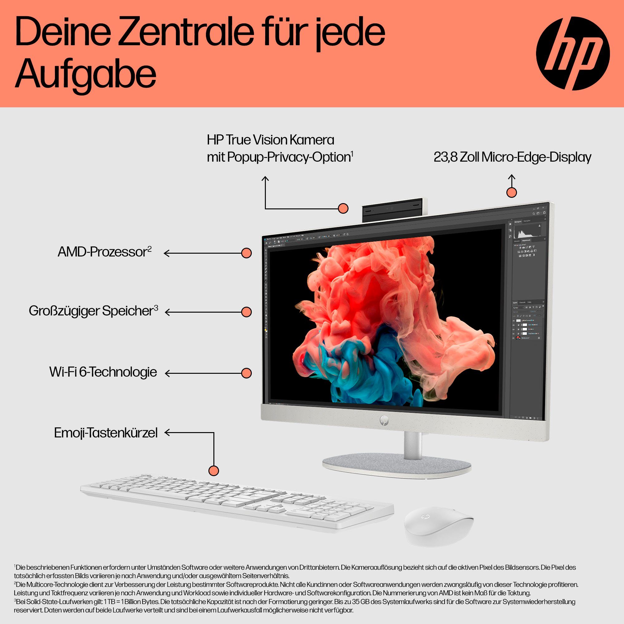 HP 24-cr0231ng All-in-One PC (23,8 Zoll, AMD Ryzen 7 7730U, Radeon Graphics, 16 GB RAM, 512 GB SSD, Luftkühlung) – Bild 3 von 5