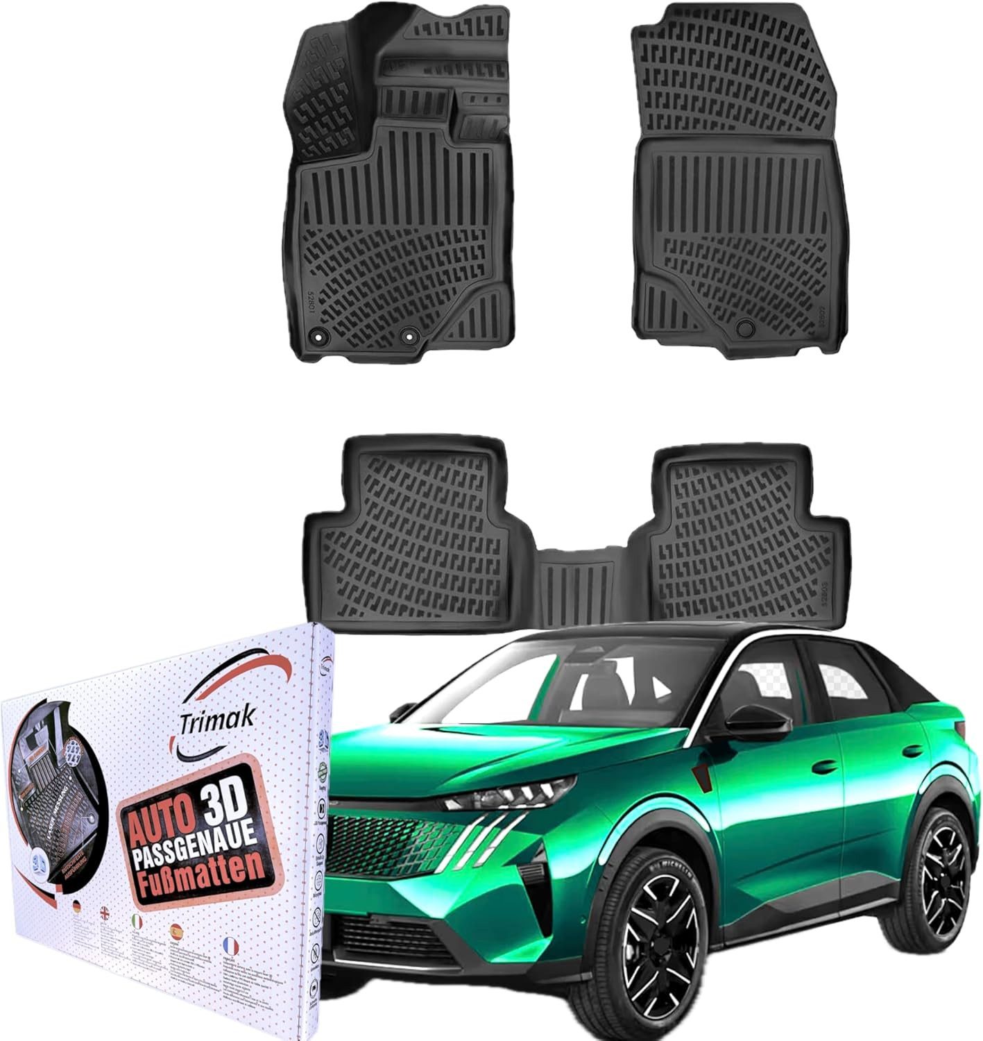 Trimak Passform-Fußmatten Oder Kofferraumwanne Oder Set kompatibel mit Peugeot 3008, Peugeot 3008 Hybrid ab 2024 Gummimatten Auto TPE Allwetter