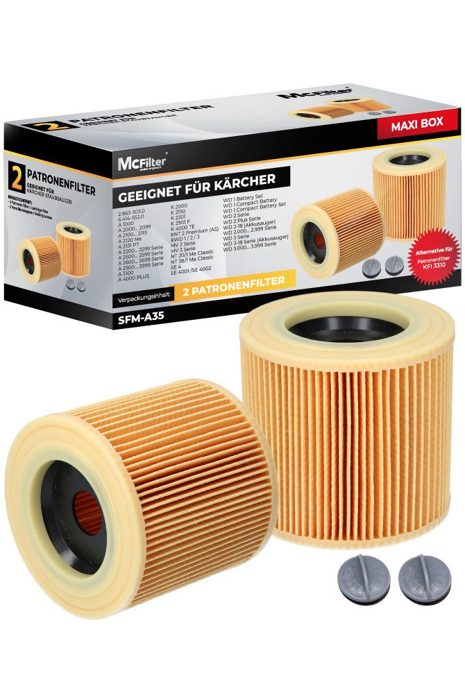 McFilter Ersatzfilter (2 Filter) Lamellenfilter passend für Kärcher, Zubehör für Kärcher Nass-Trockensauger Staubsauger A 2251, 2254 Me, A 2200 2201 2204, wie Kärcher 6.414-552.0, 6.414-772.0, 6.414-547.0