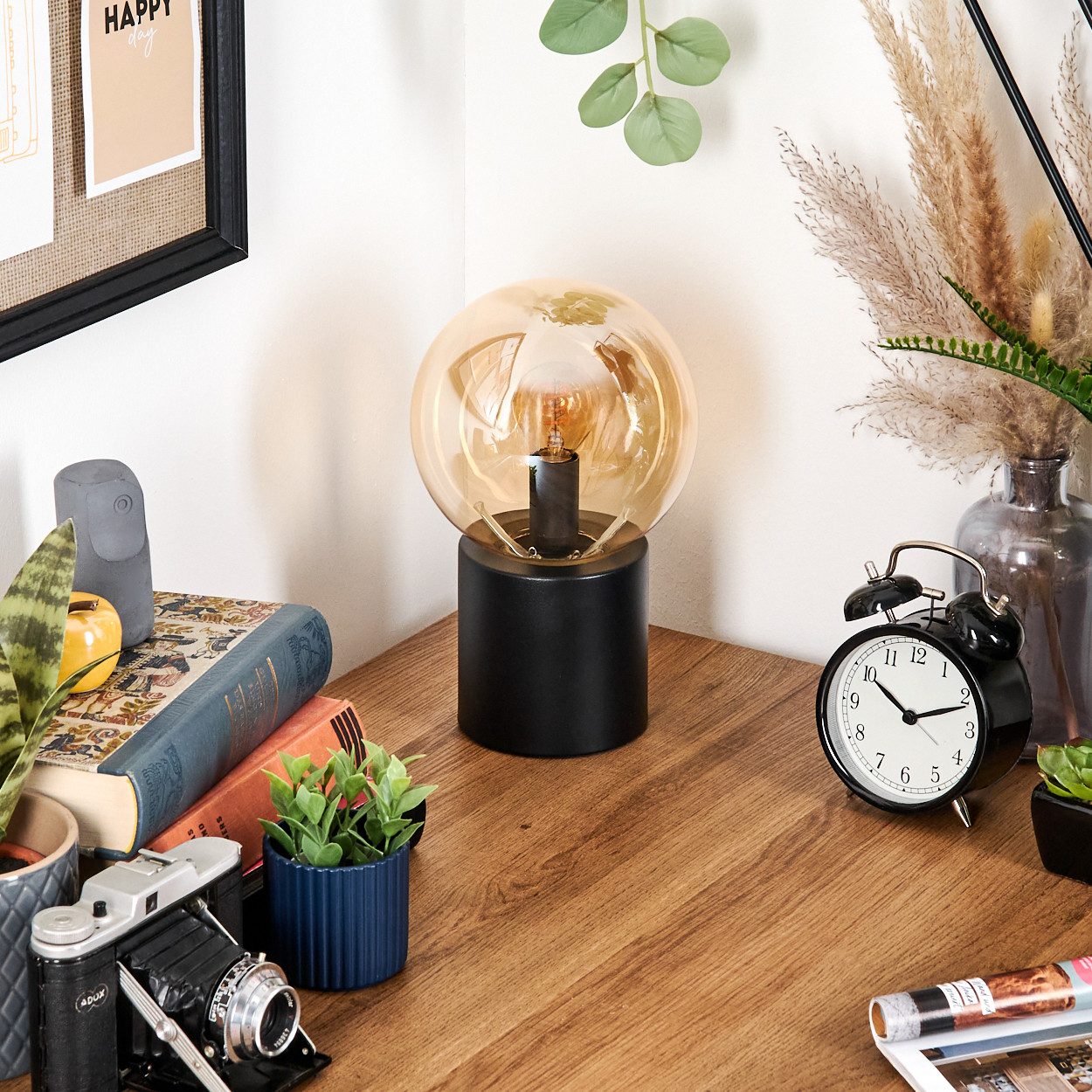 hofstein Tischleuchte Tischlampe aus Metall/Glas in Schwarz/Bernsteinfarben günstig online kaufen