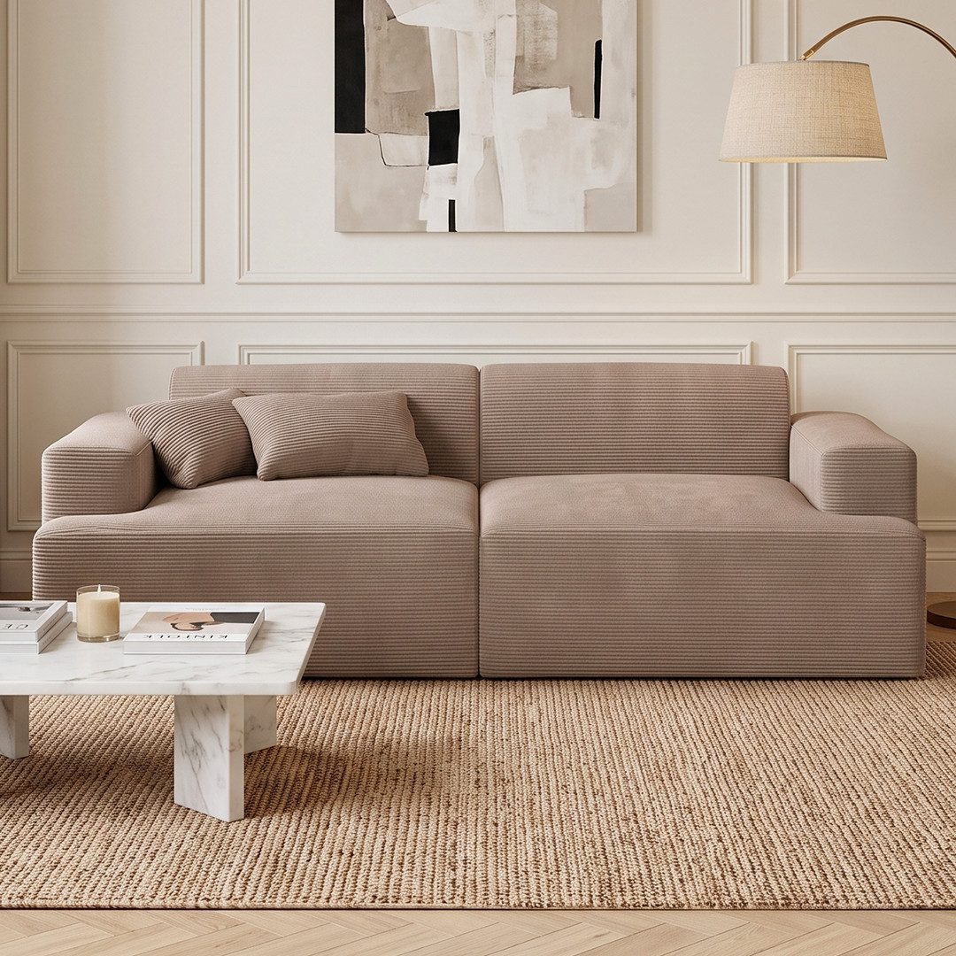 skølm Sofa Freki aus Cord, Vollschaumcouch mit Federkern und Vakuum-Kompression, Taupe, Couch 2 Sitzer mit 2 Kissen, kein Aufbau erforderlich, 230 cm breit, gepolstert, vakuumiert