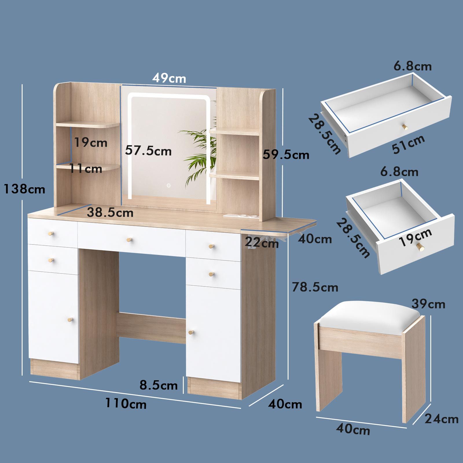 ALFORDSON Schminktisch Schminktisch mit LED-Spiegel und 5 Schubladen, Aufbewahrungshocker (1-St), Frisiertisch mit Steckdose und 10 Lichtern