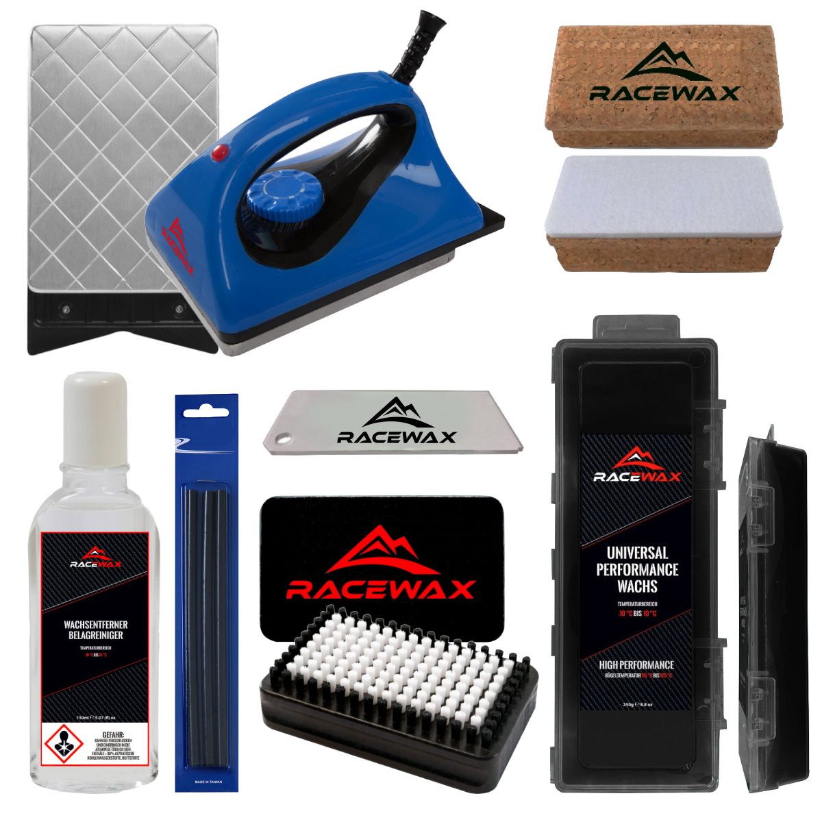 RaceWax Ski RaceWax Skiwax Set 7-teilig Bügeleisen Wachs BaseBrush Wachsentferner