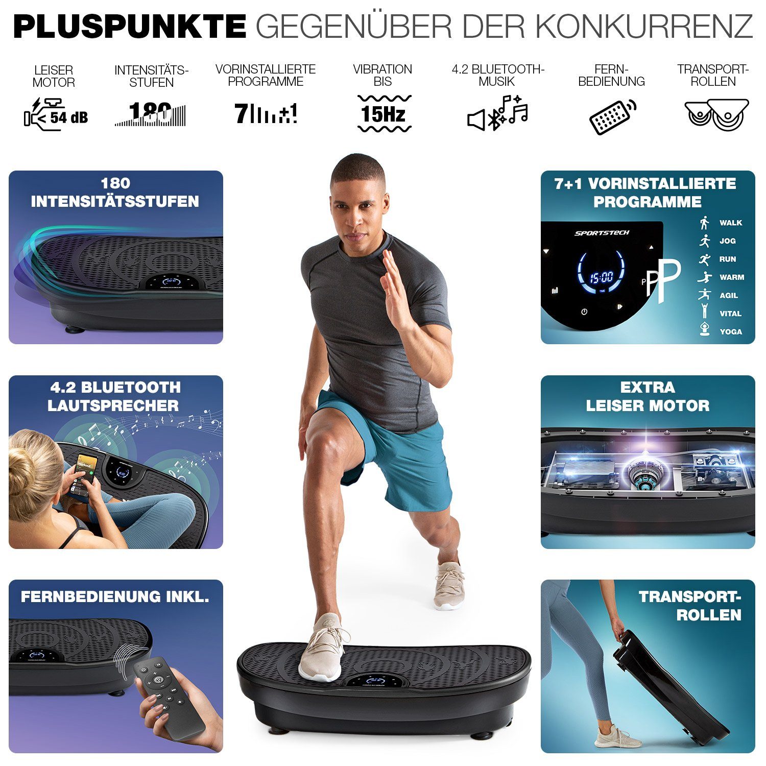 Sportstech Vibrationsplatte VP250, Curved Design, 200W Motor, LED-Display