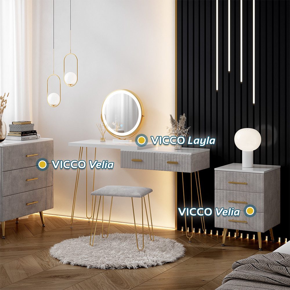 Vicco Nachtschrank Velia, Grau, 41 x 62 cm mit 3 Schubladen (1-St)