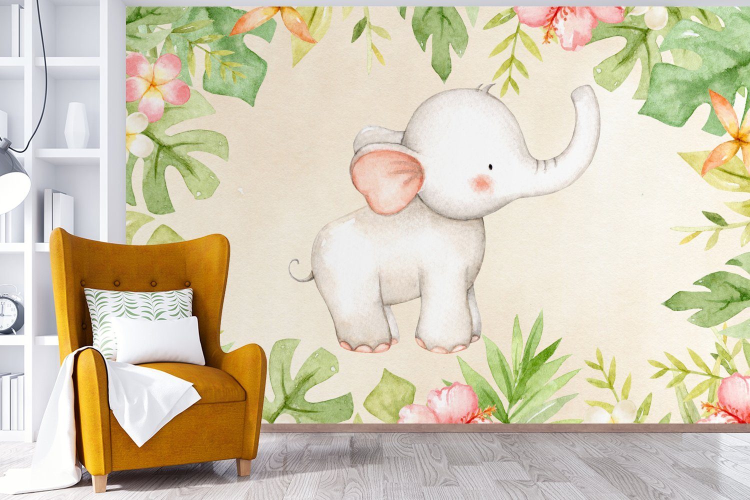 - MuchoWow Wallpaper - - für Blumen Dschungel, Pflanzen St), Schlafzimmer, Kinderzimmer, bedruckt, Matt, Fototapete Elefant Tapete Vinyl Wohnzimmer, (6