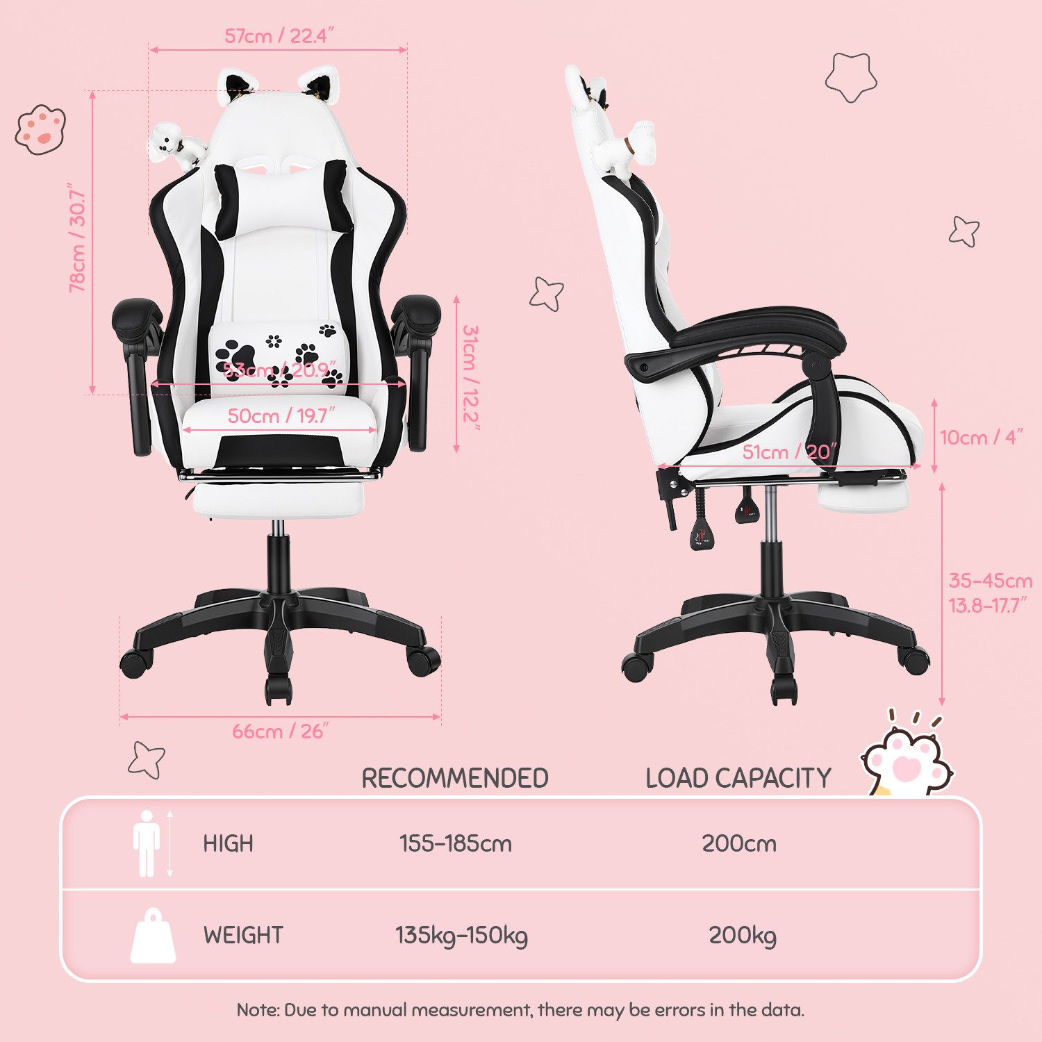 oyajia Gaming-Stuhl Bürostuhl Ergonomisch mit Kopfstütze und Katzenohren, PU-Leder (Gamer Stuhl, Racing Computerstuhl PC Stuhl mit Fußstütze Kopfstütze, 1 St),  – Bild 5 von 5