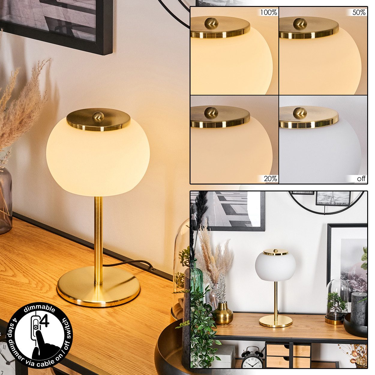 hofstein Tischleuchte dimmbare Tischlampe aus Metall/Glas in Weiß/Gold, LED günstig online kaufen