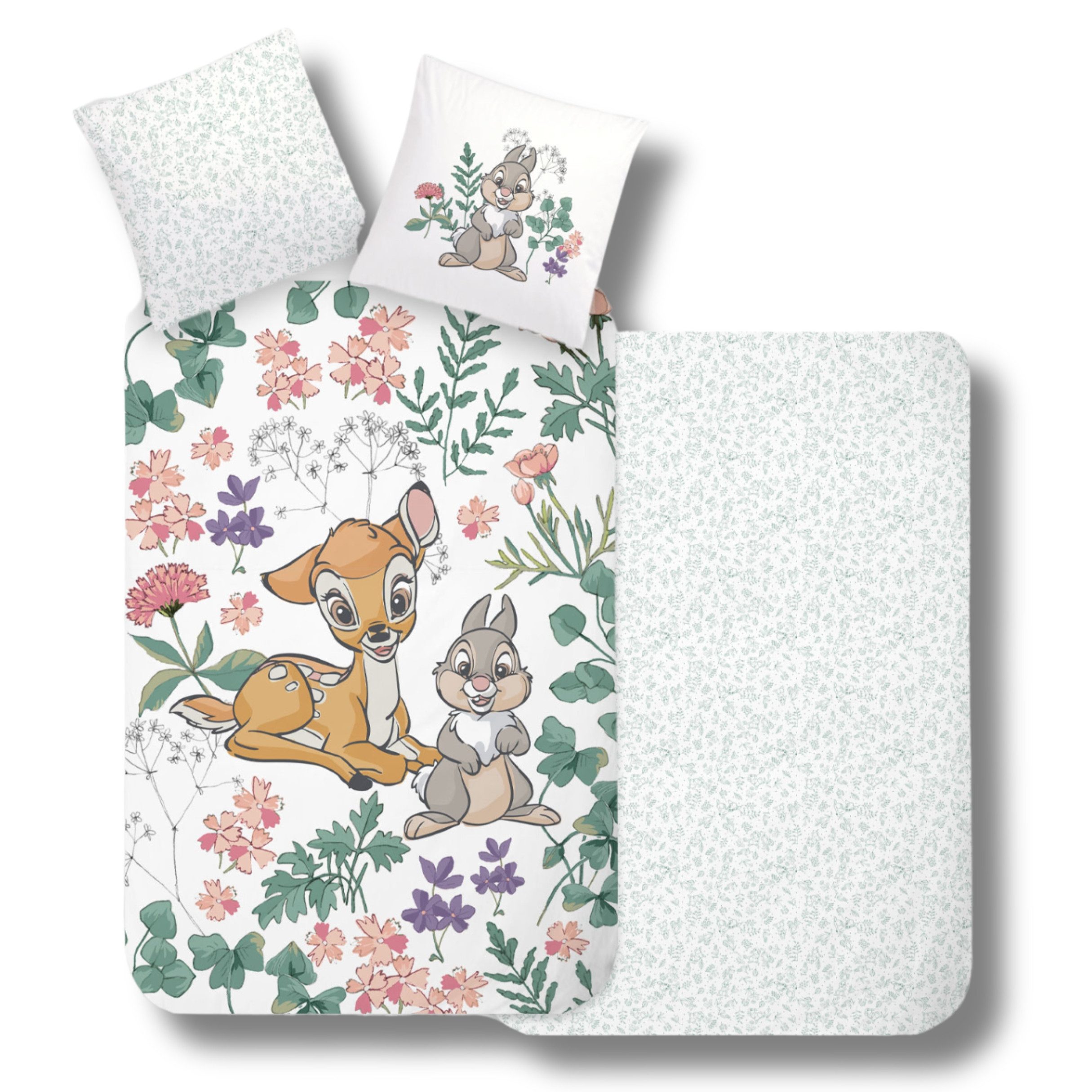 MTOnlinehandel Kinderbettwäsche "Flower" Renforcé in 135x200 + 80x80 cm, Disney, 100% Baumwolle, 2 teilig, Wende- Motiv mit Bambi & Klopfer, weiß, mint, rose