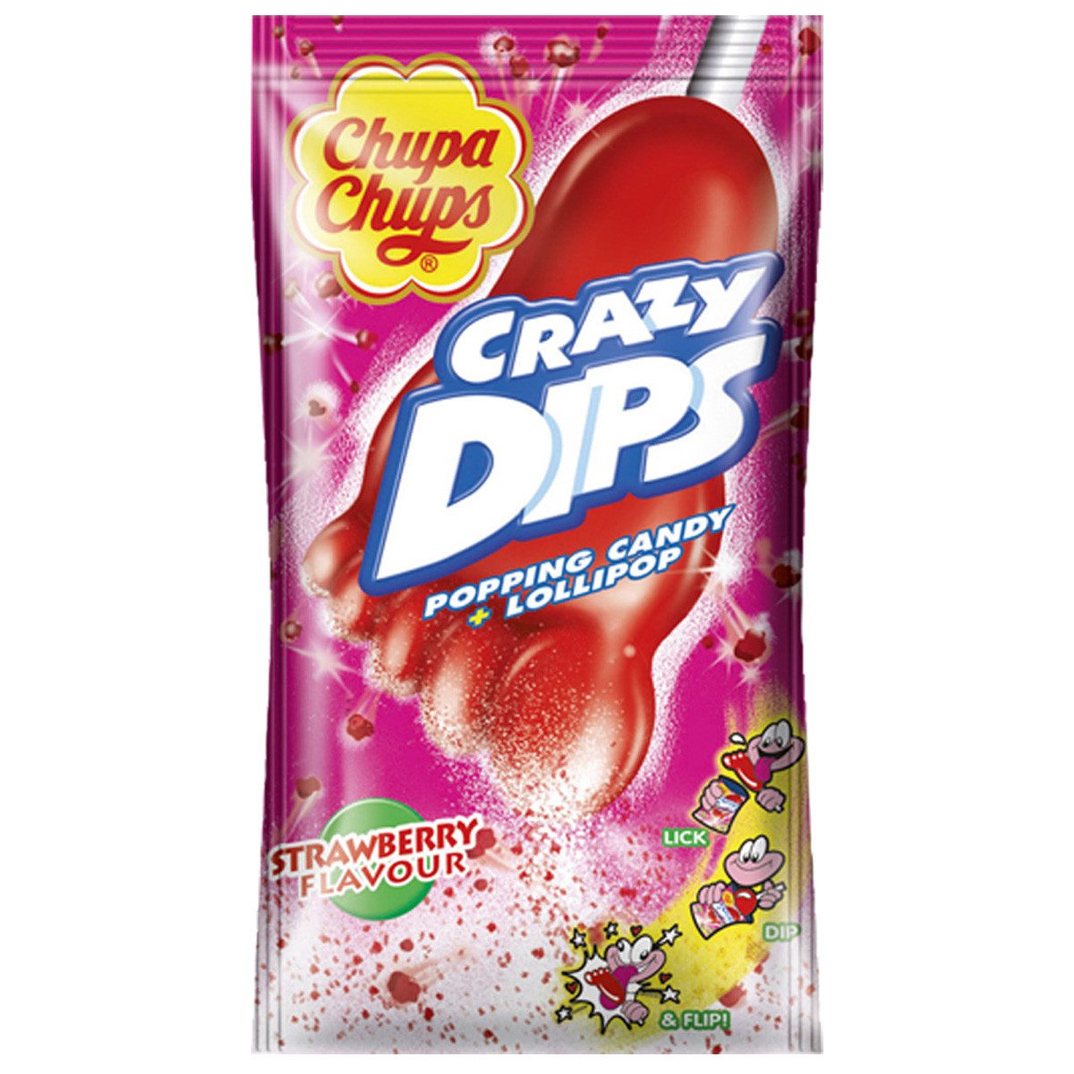 Chupa Chups Süßigkeit, Chupa Chups Crazy Dips Strawberry Lolly prickelnde Knisterbrause 14g