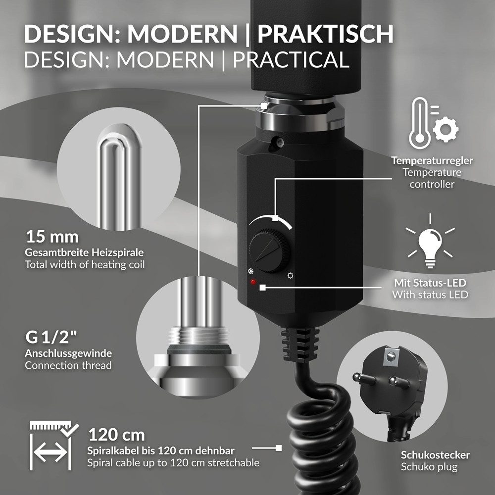 LuxeBath Heizstab Heizelemente für Badheizkörper mit Thermostat und LCD Bildschirm, Elektroheizstab mit Stecker Schwarz Heizpatrone Heizelemente 300W