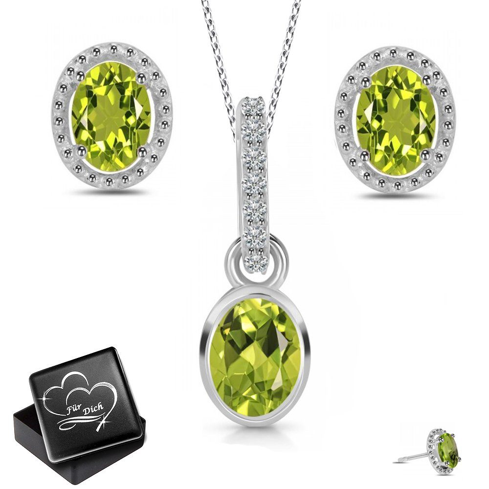 Limana Ohrring und Ketten Set echter Peridot Topas Edelstein 925 Silber Halskette mit Ohrstecker (inkl. Herz Geschenkdose), Geschenkset Idee Geschenk für Sie Frauen Damen Freundin Mutter Oma