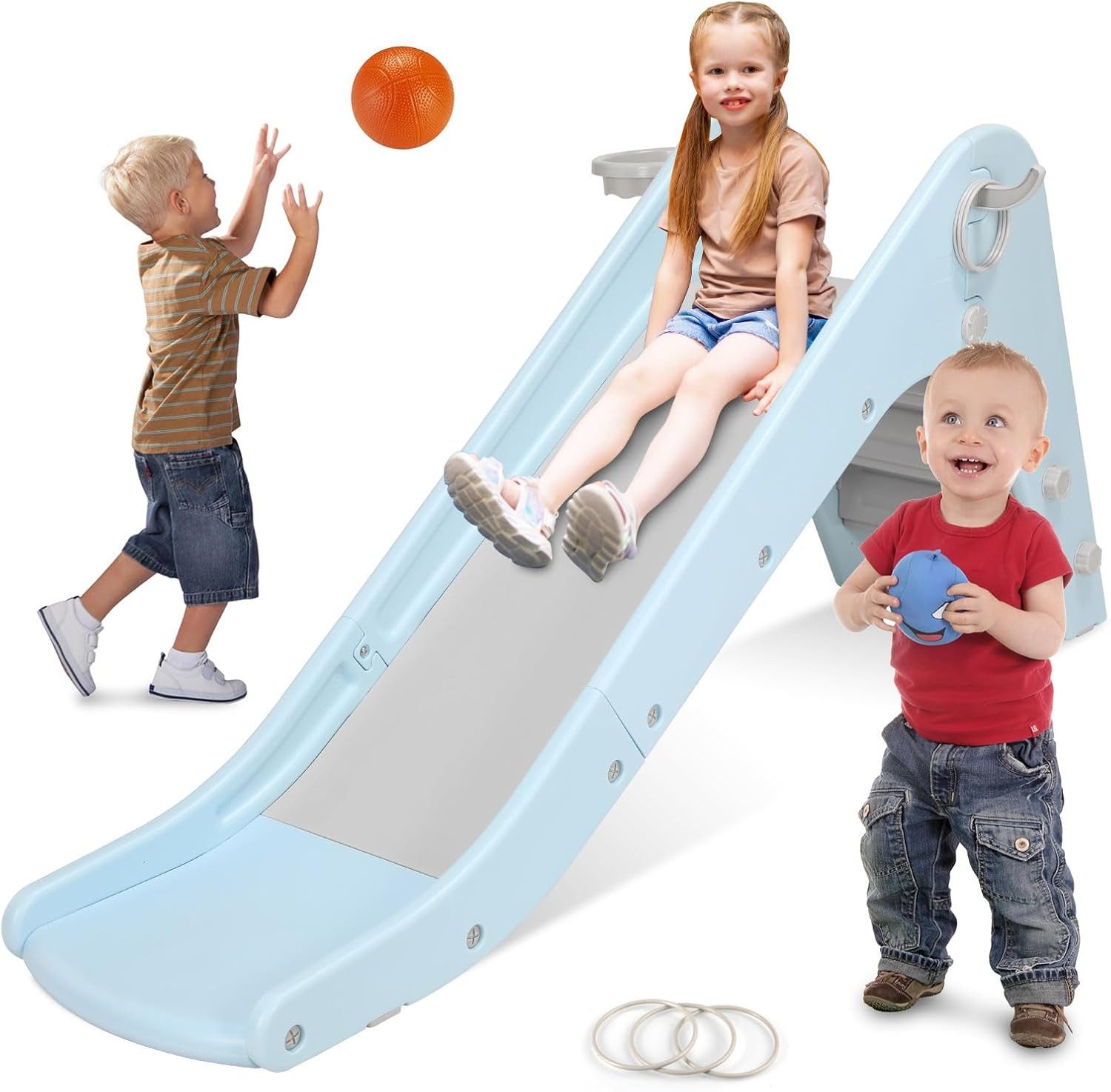 TLGREEN Rutsche Kinder Rutsche mit Basketballkorb und Zwinge, (Treppenrutsche, Kunststoff Gartenrutsche, Outdoor Rutsche für Kinder Spielplatz), Kleinkinderrutsche