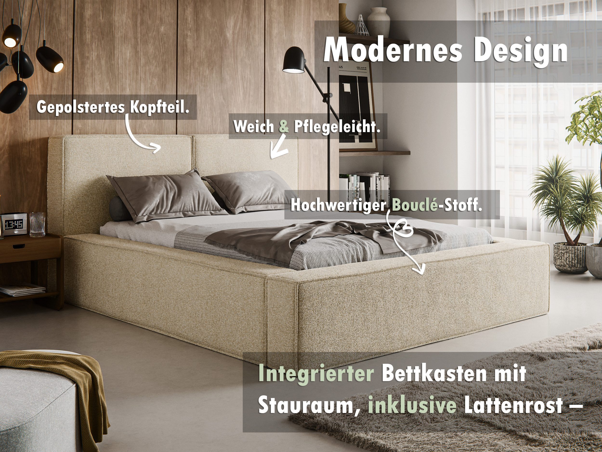 thematys Polsterbett mit Bettkasten, Stauraumbett, Bouclé günstig online kaufen