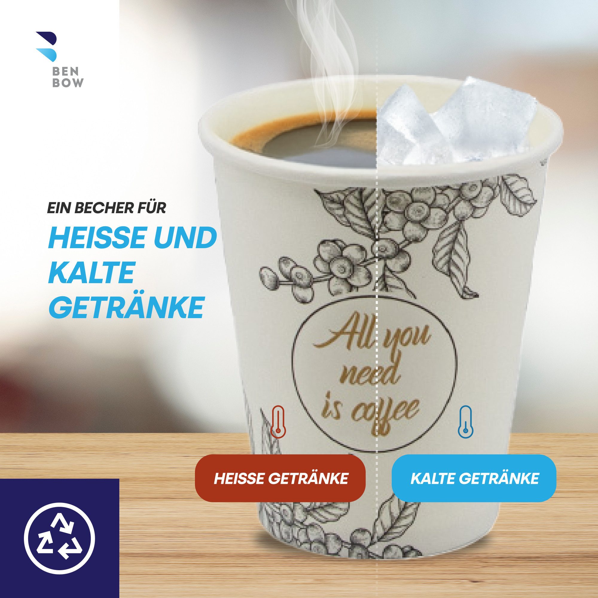 BENBOW Einwegbecher BenBow Kaffeebecher - 180 ml/250 ml/300 ml/400 ml - Einwegbecher, 600-tlg., Beschichteter Karton, BenBow Kaffeebecher 400 ml x 600