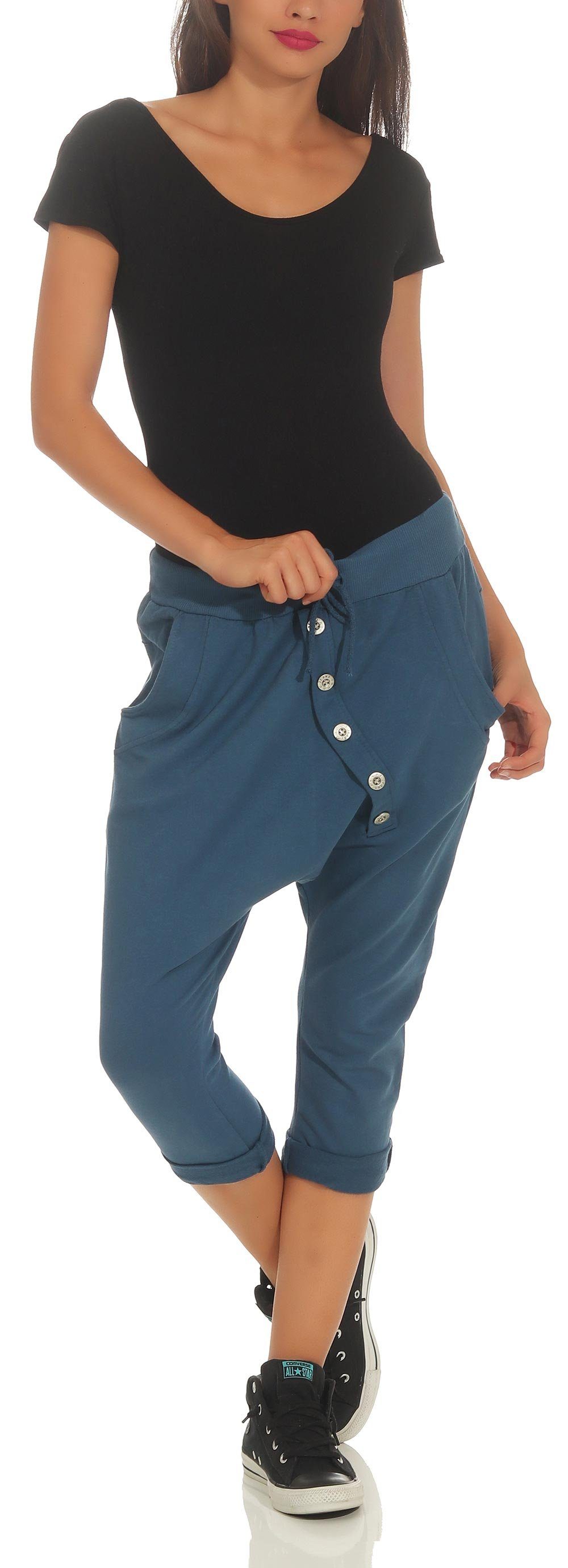 Sommer Einheitsgröße Jerseybund 8015 Sport more jeansblau mit elastischem malito Caprihose Hose fashion than