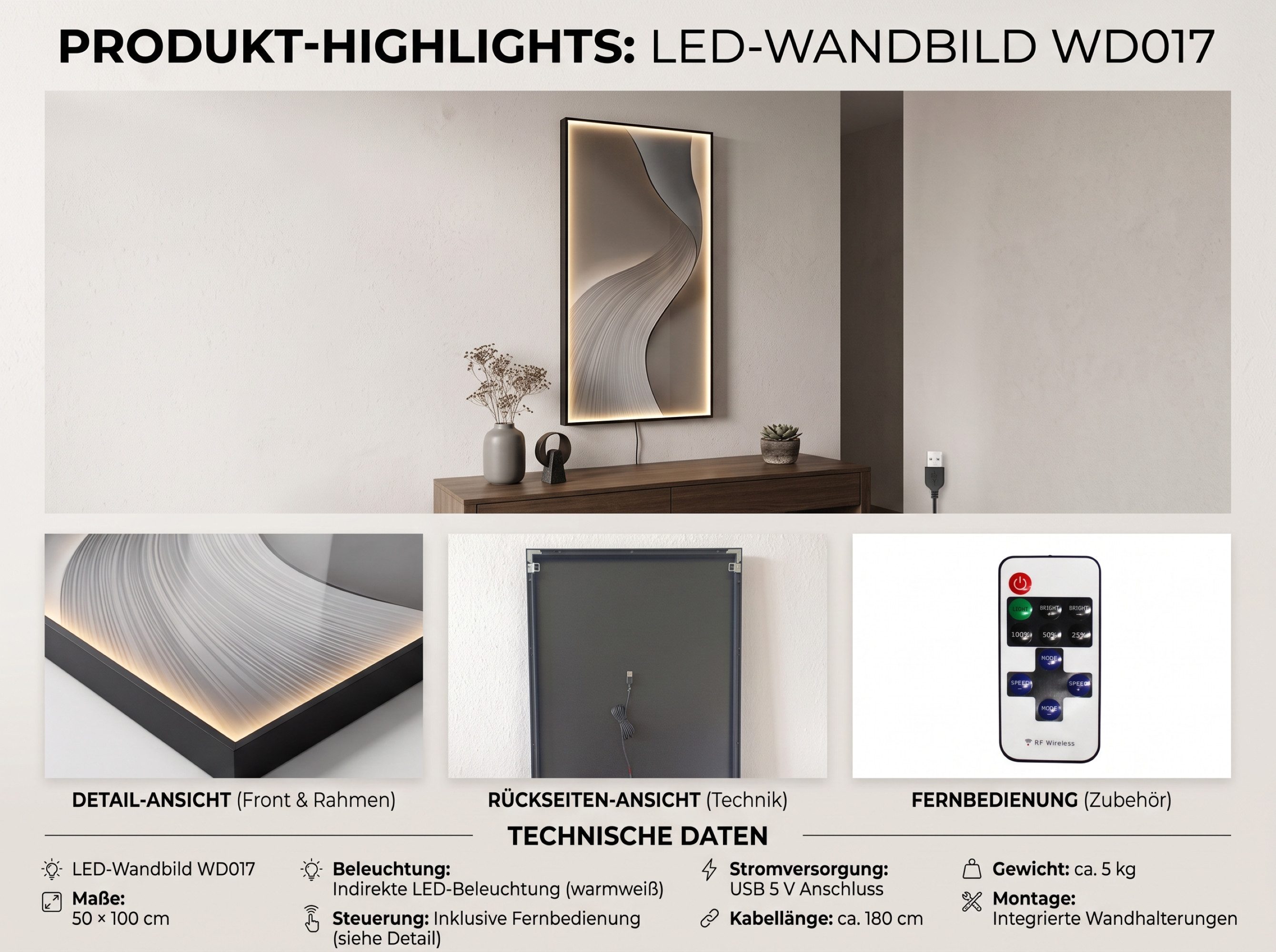 Arnusa LED-Bild Wandbild mit Beleuchtung warmweiß Glasbild abstrakt USB Fernbedienung, abstrakt, Wanddeko modern Wandleuchte