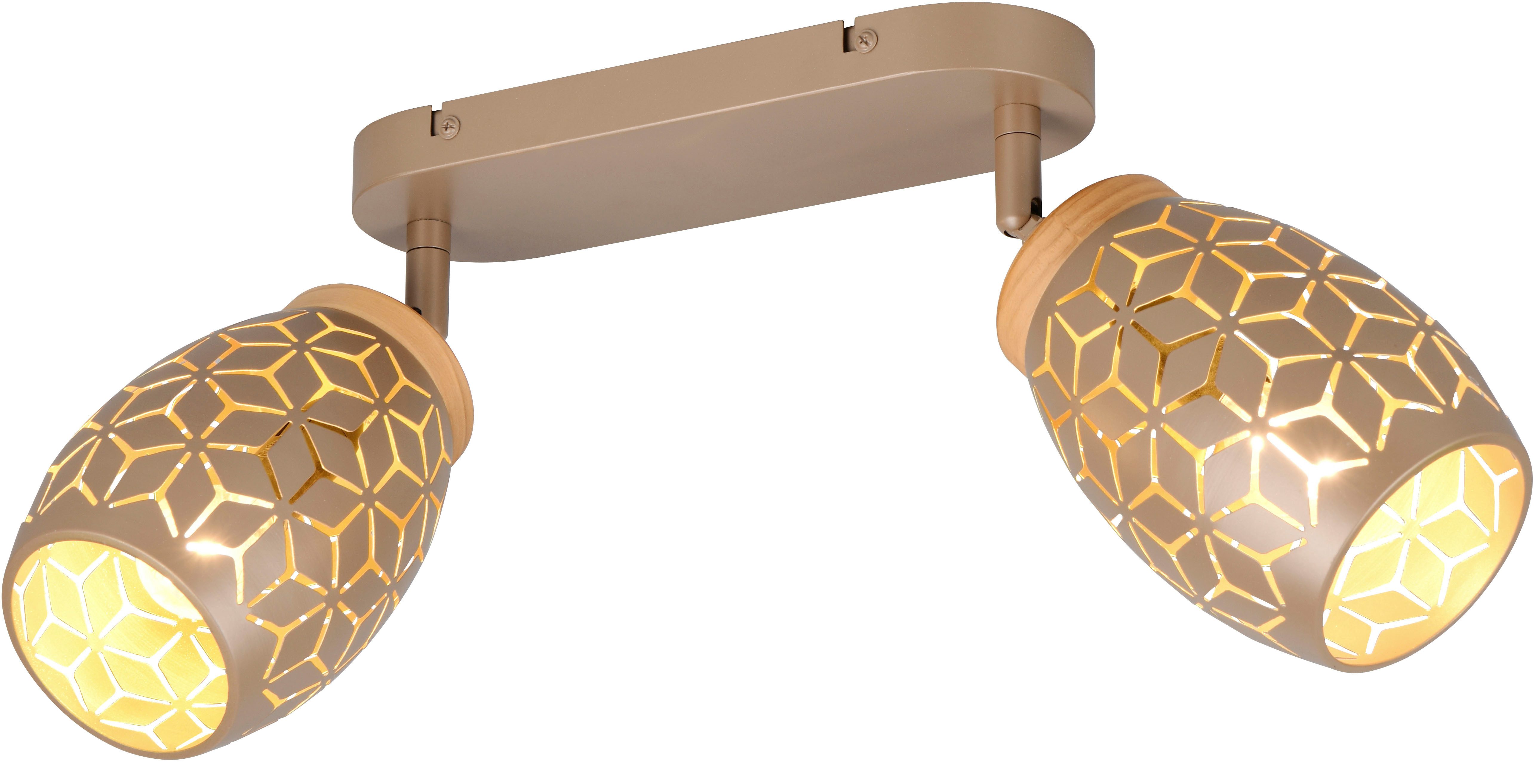 Reality Leuchten Deckenstrahler BIDAR 2-flammig, exkl 2x E14 max 10W, Wand- oder Deckenmontage möglich, Leuchtmittel wechselbar, warmweiß - kaltweiß, Spots verstellbar, Metall-Lampenschirm mit Lasercut Optik + Holz Dekor