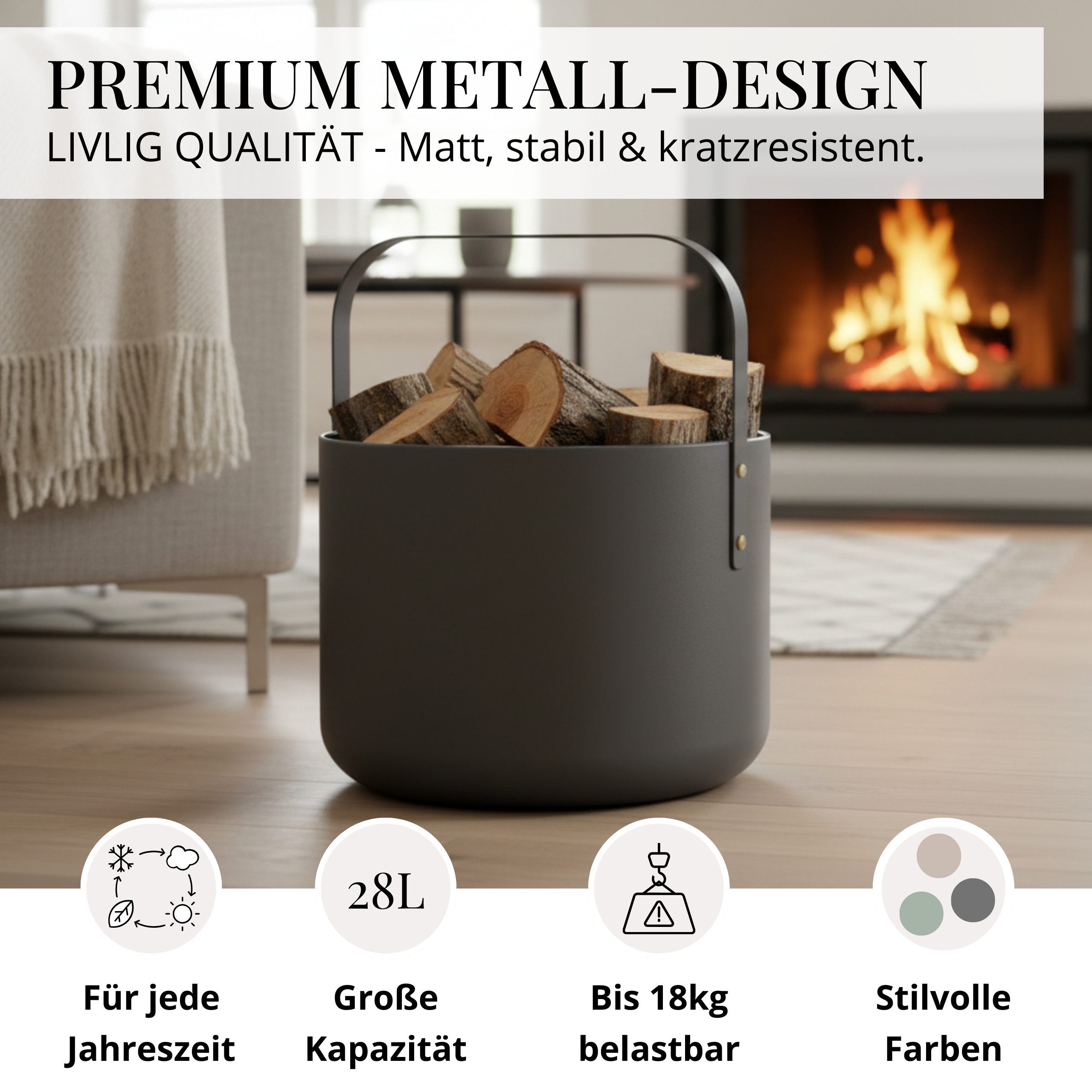 LIVLIG Kaminholzkorb Holzkorb Metall, Brennholzkorb, Kaminzubehör, Aufbewahrungskorb, elegantes Design, robustes Metall, stabiler Henkel, vielseitig nutzbar
