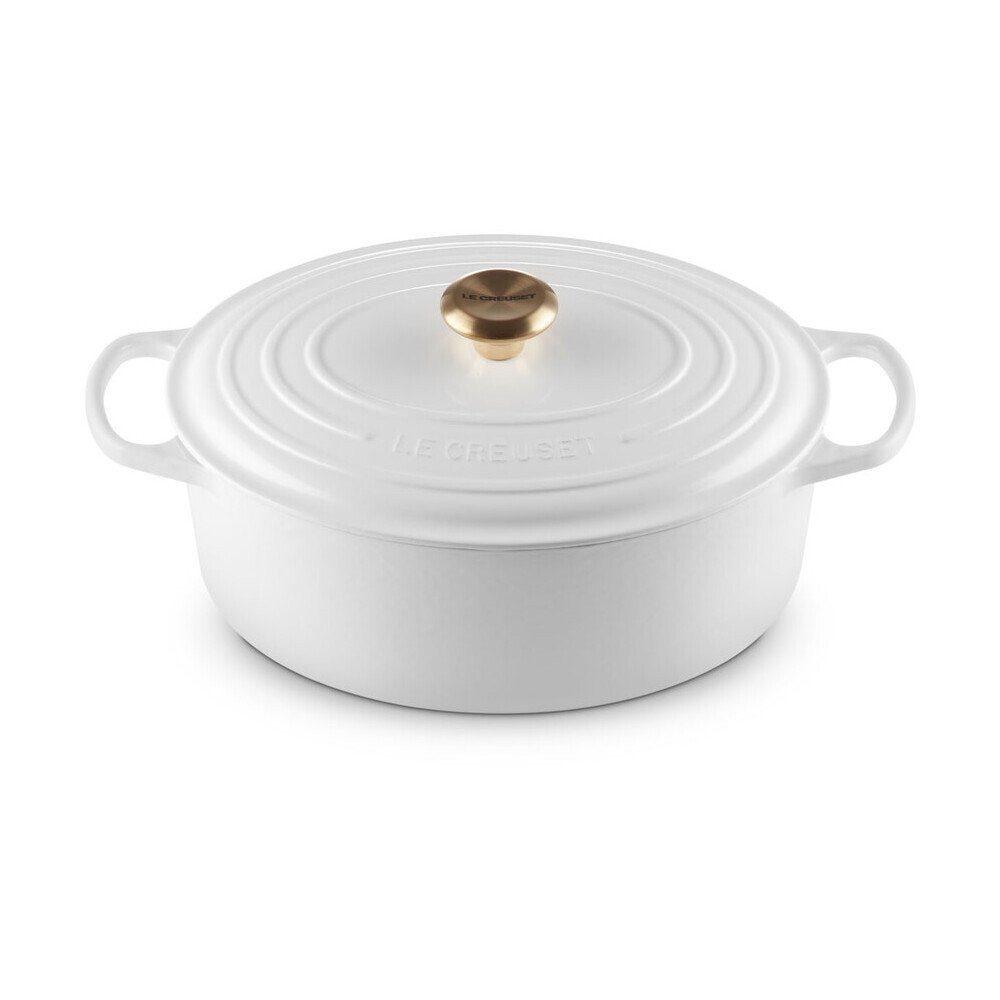 LE CREUSET Bräter Bräter mit Deckel 31 cm Signature White, Gusseisen, ovaler Schmortopf, Cocotte, Bratentopf, ca. 6-7 Pers., Ø31cm, weiß