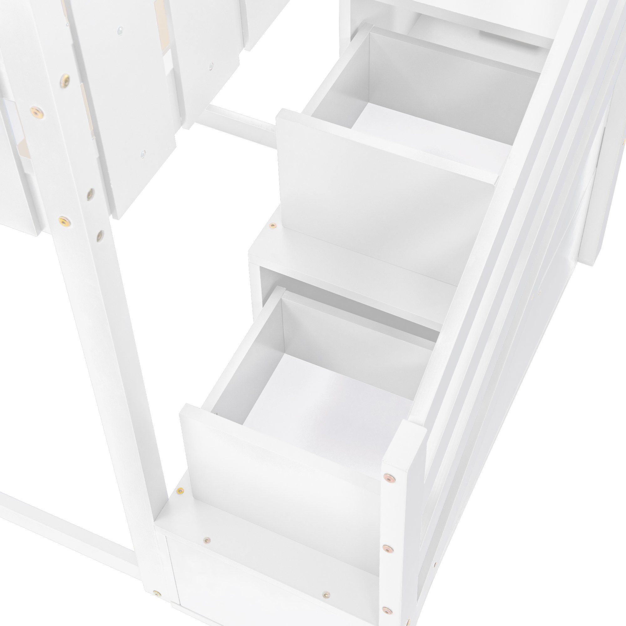 Etagenbett (Hochbett 90x200 mit zwei Schubladen), Kinderbett Hausbett mit Treppe, Rausfallschutz und Lattenrost, Kiefer