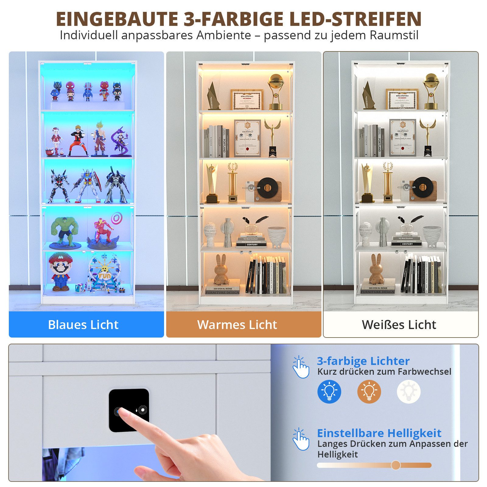 VOWNER Glasvitrine mit 3-Farben-LED - Bewegungssensor (1-St) 5 übereinanderliegende Regale, 80x204x35 cm – Bild 4 von 5