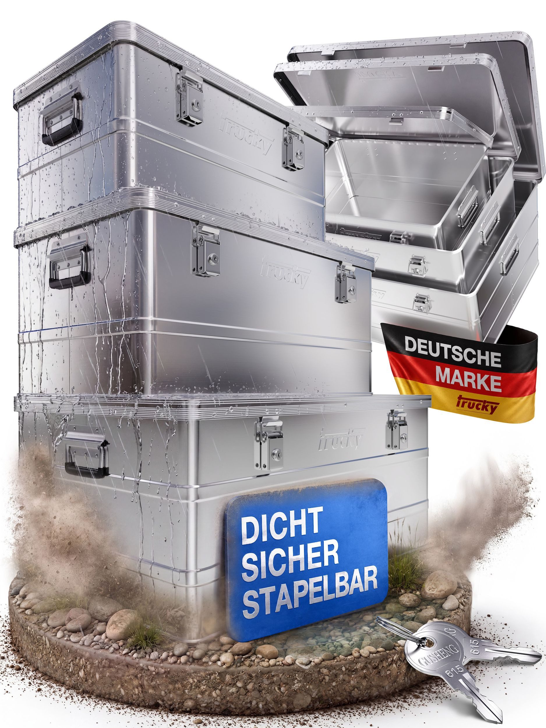Trucky Allzweckkiste Set 3x Aluminium Box Silber Alukiste 50+85+135 L Kiste Abschliessbar