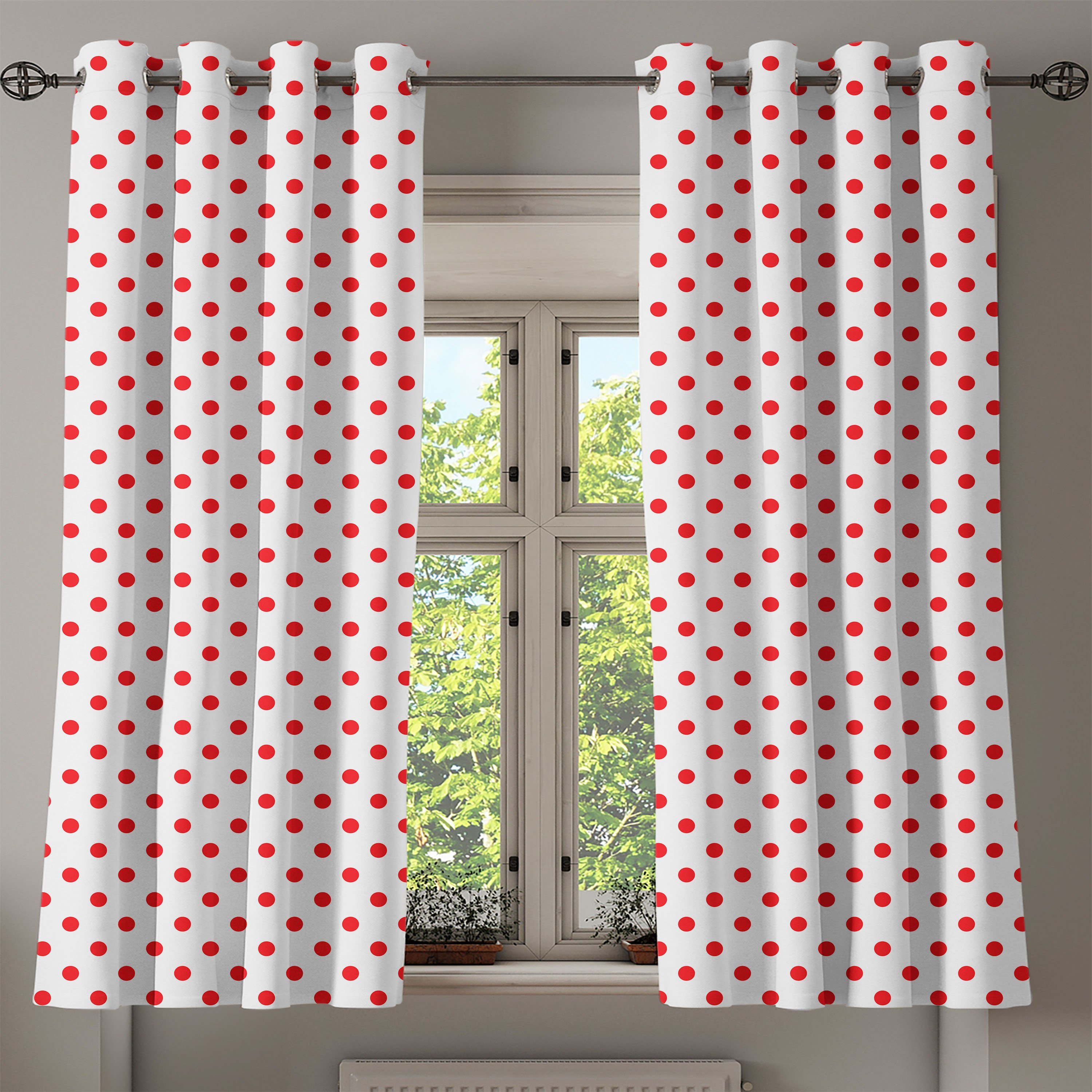 für rot Abakuhaus, Schlafzimmer Dekorative Wohnzimmer, Gardine Land-Picknick-Tupfen 2-Panel-Fenstervorhänge