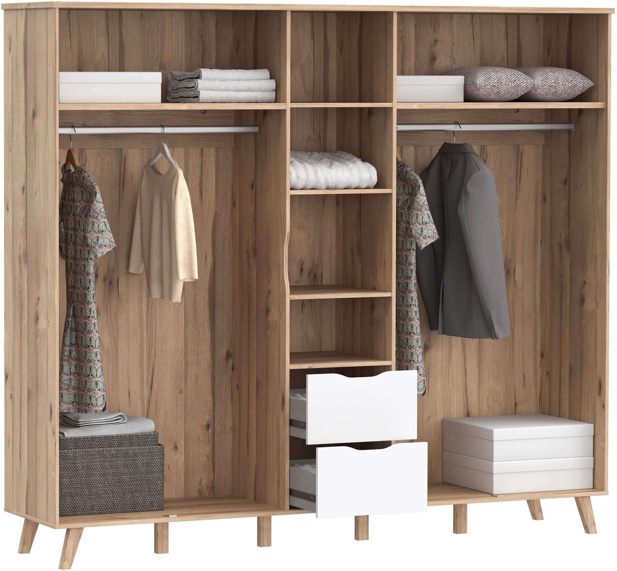 FORTE Kleiderschrank Vankka, Drehtürenschrank, Viel Stauraum, skandinavischer Stil Made in Europe, mit Einlegeböden+Kleiderstangen+Schubladen,grifflos
