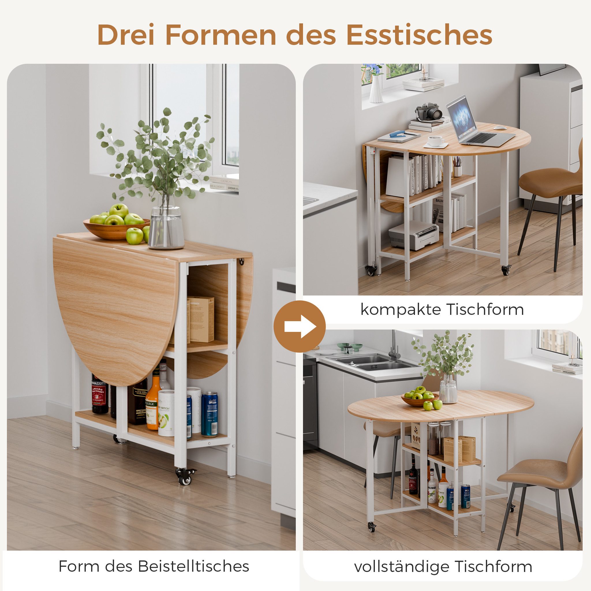 Mondeer Esstisch Klappbarer (1 Tisch), Gestell aus Metall, mit Zwei offene Ablagefächer, Breite 120cm – Bild 4 von 5