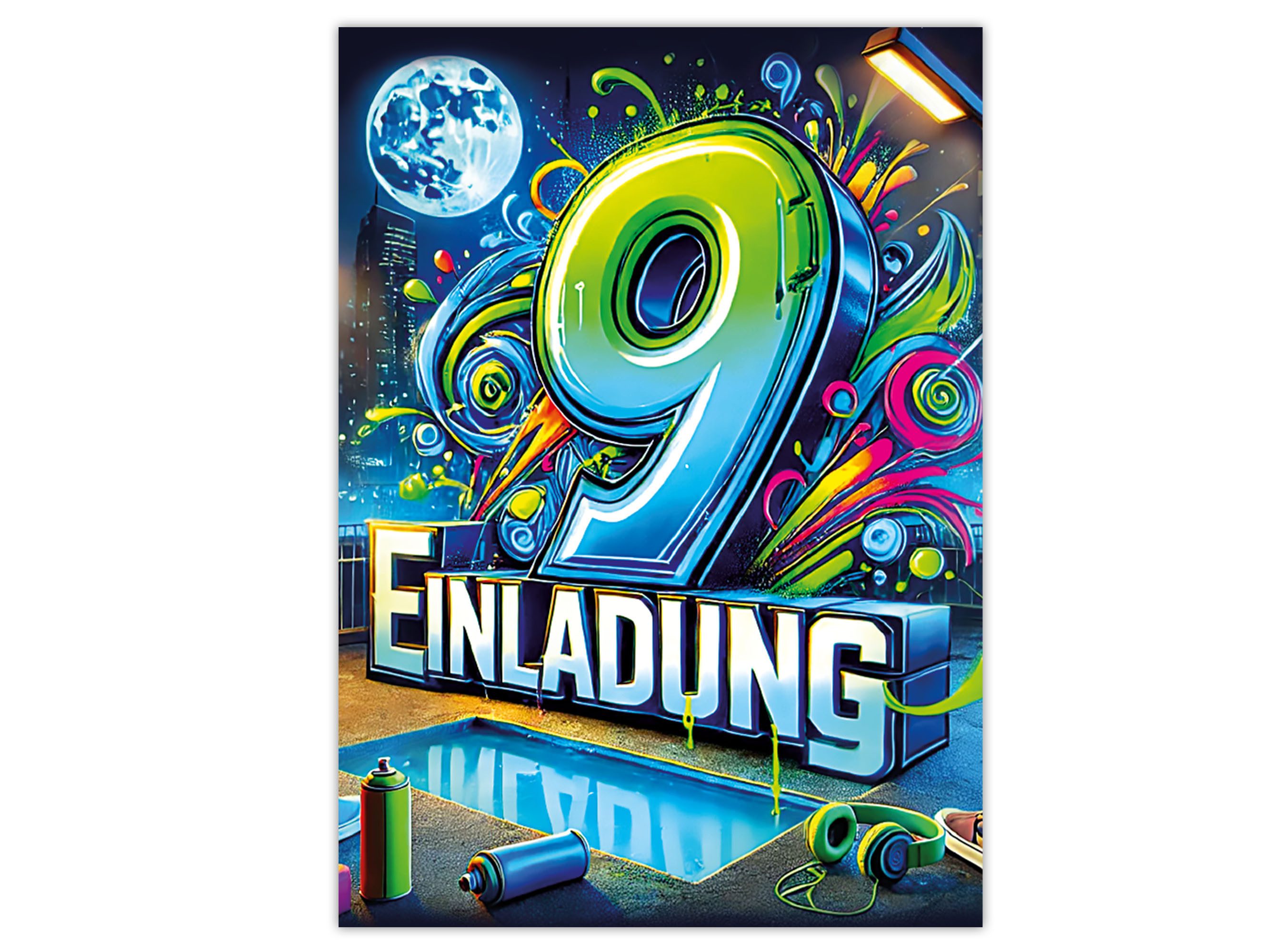LIMONIA Einladungskarten Graffiti zum Kindergeburtstag Mädchen Jungen Einladungen neon, Einladungskarten zum 9. Geburtstag mit Graffiti Motiv