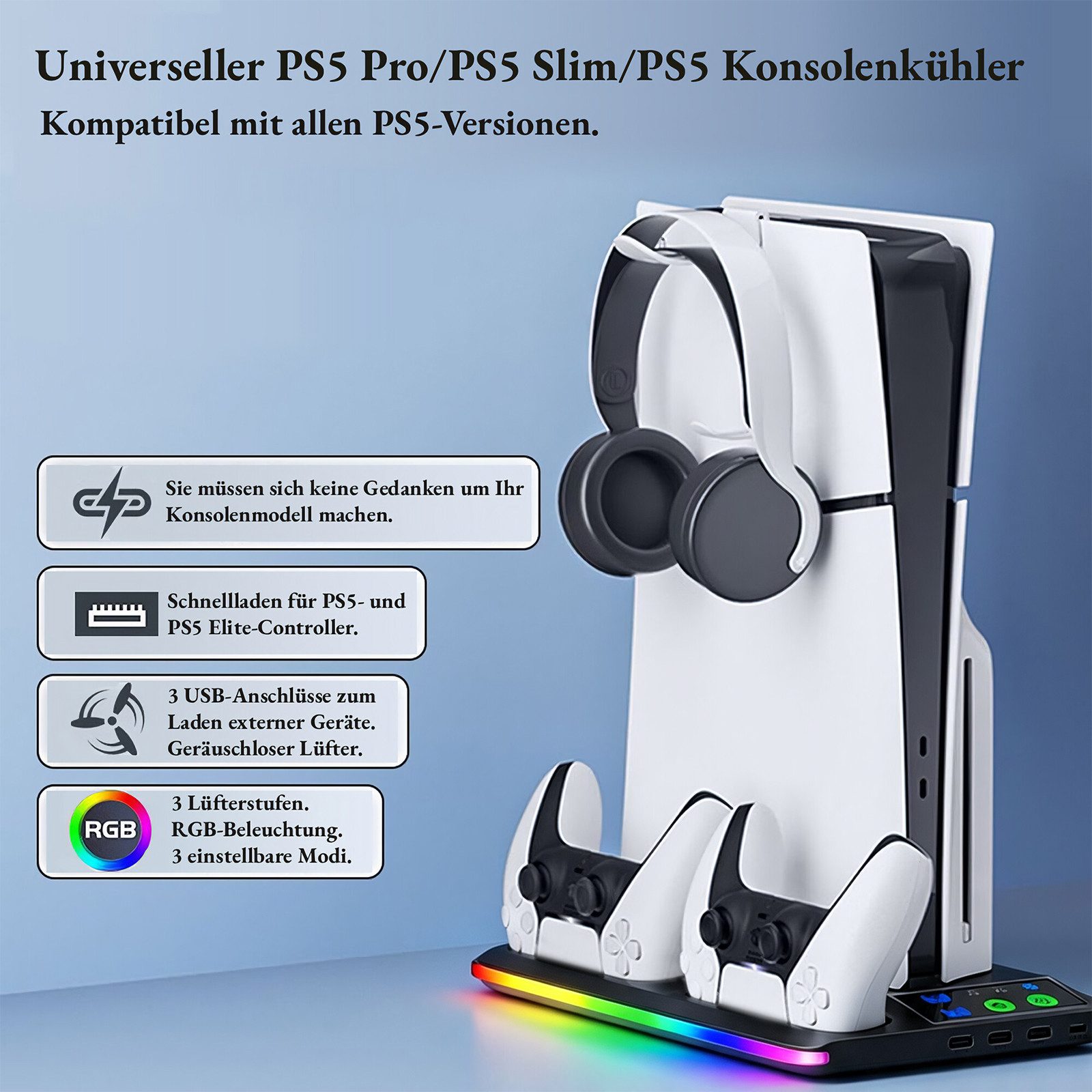 BBG PS5 Kühlständer für PS5 / PS5 Slim / PS5 Pro Ladestation (2800 mA, mit Headset-Halter & USB-Hub, Geräuscharm Lüfter, für PS5, PS5 Slim und PS5 Pro (Digital  – Bild 2 von 5