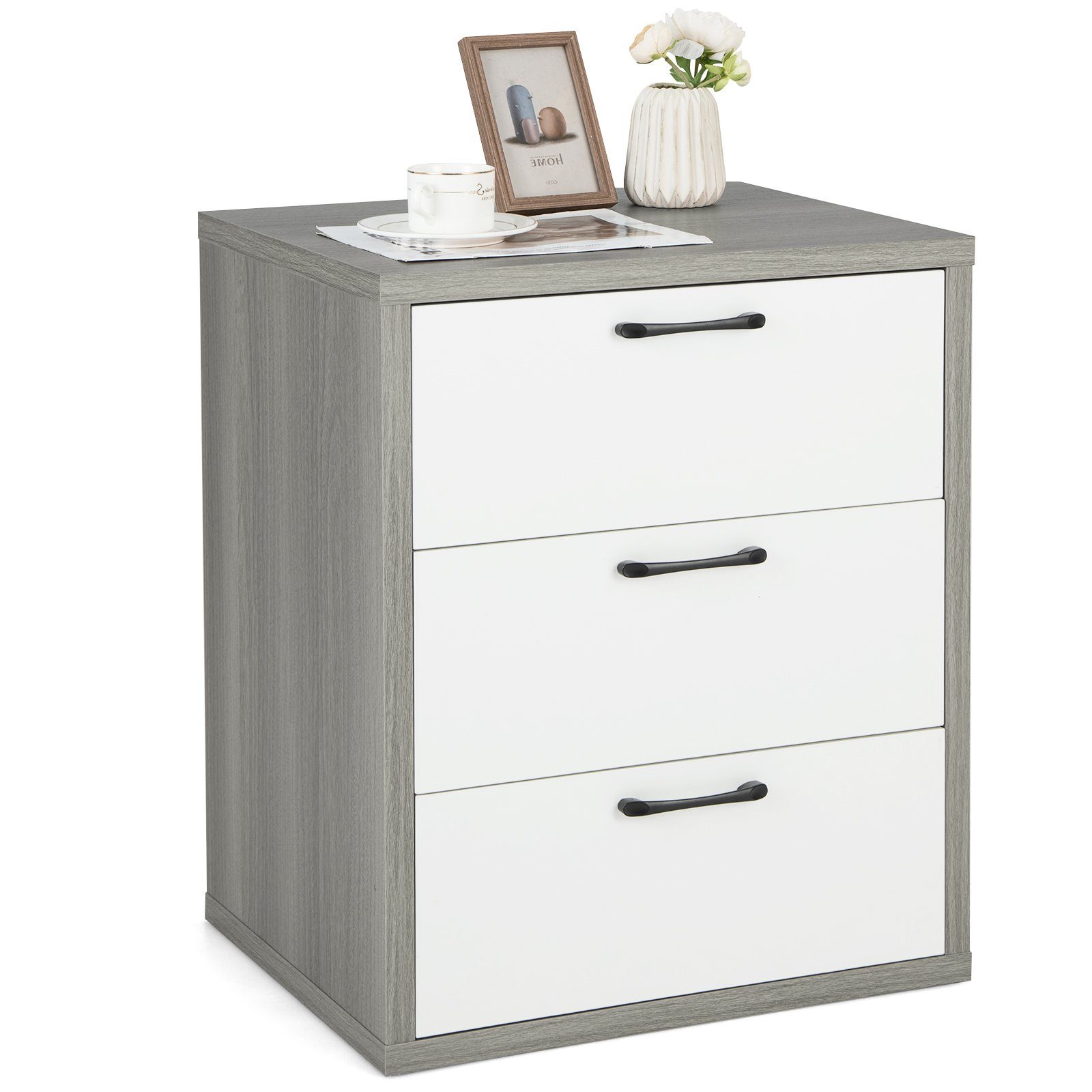 Walker Edison Nachttisch Mit 3 Schubladen, Grau – Farmhouse-Stil, Halbmondgriffe, 63 Cm Höhe