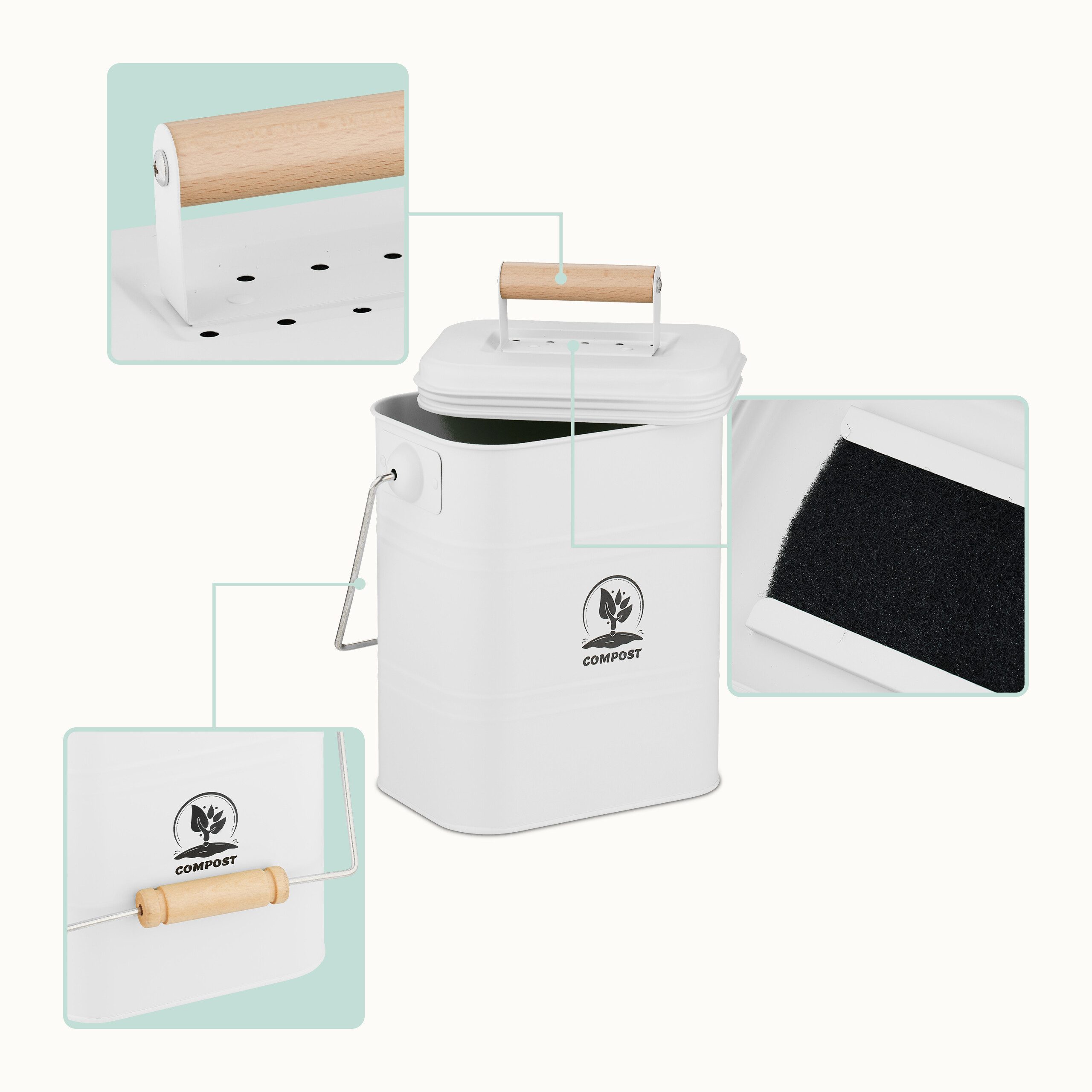 relaxdays Biomülleimer Komposteimer Küche 3,5 Liter, weiß