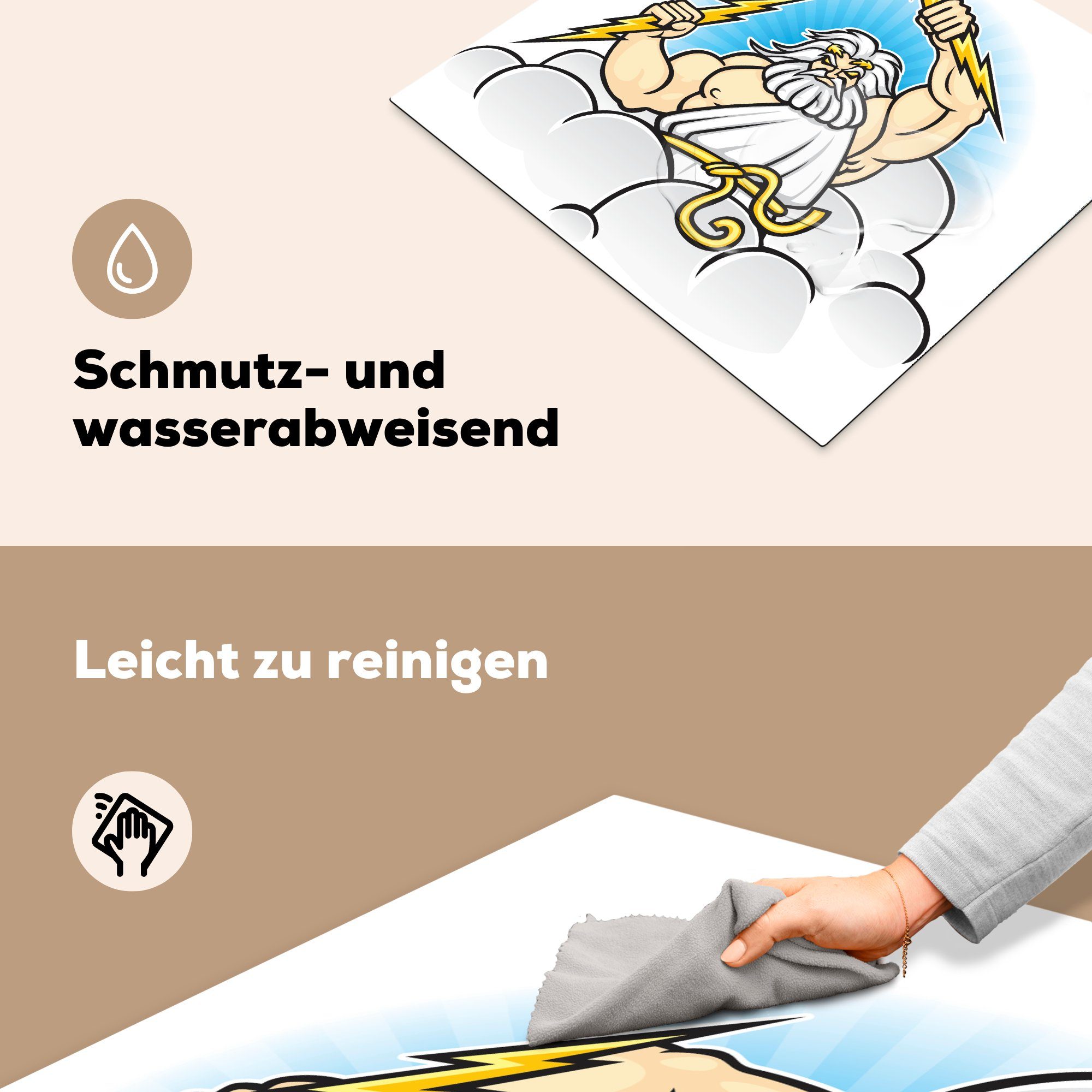 Vinyl, von MuchoWow seinen nutzbar, Blitzen Zeus Eine cm, mit in Herdblende-/Abdeckplatte Händen, (1 Ceranfeldabdeckung Mobile Illustration tlg), Arbeitsfläche 60x52